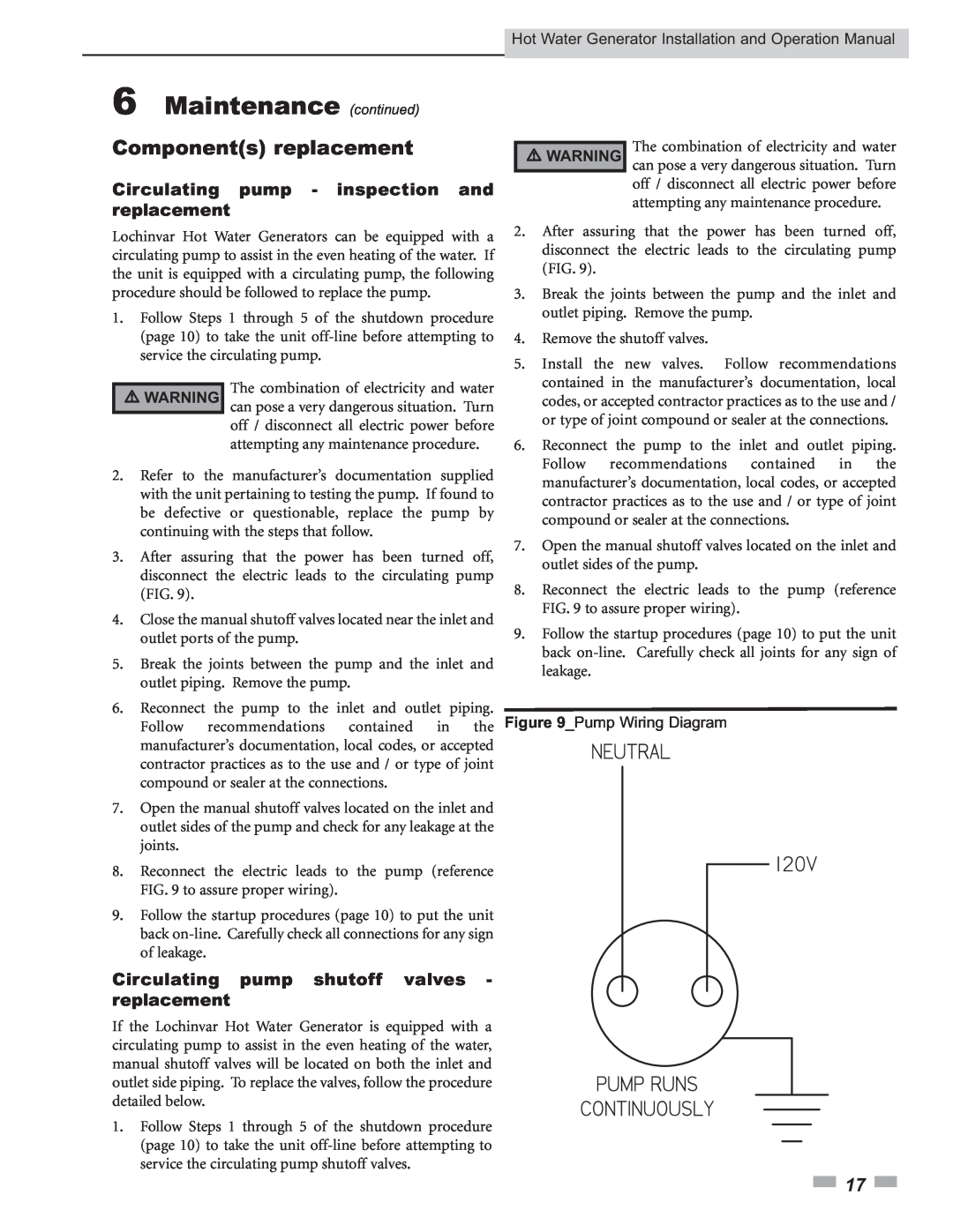 Lochinvar Hot Water Generator operation manual 6Maintenance continued, Components replacement, Pump Wiring Diagram 