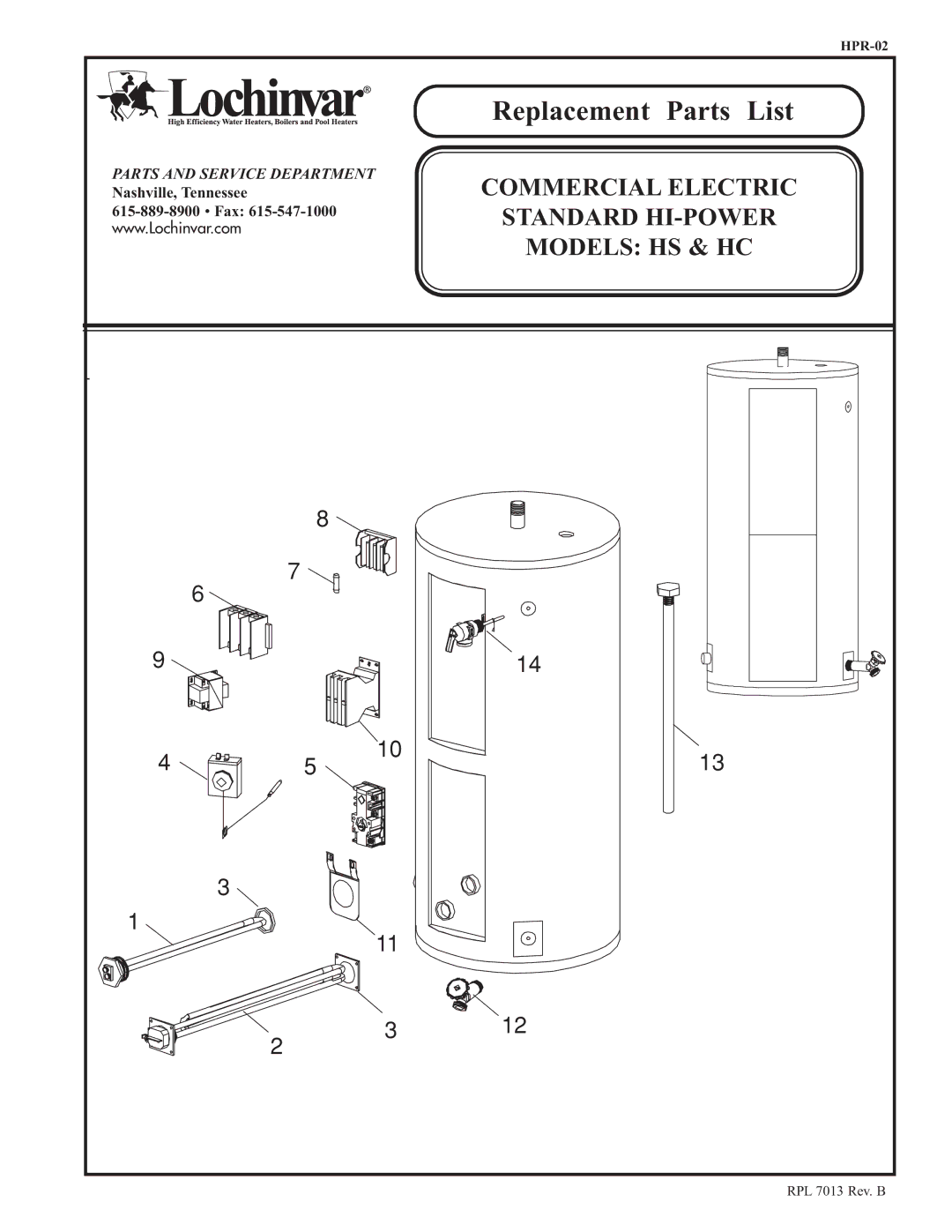 Lochinvar manual Replacement Parts List, Commercial Electric, Standard HI-POWER, Models HS & HC 