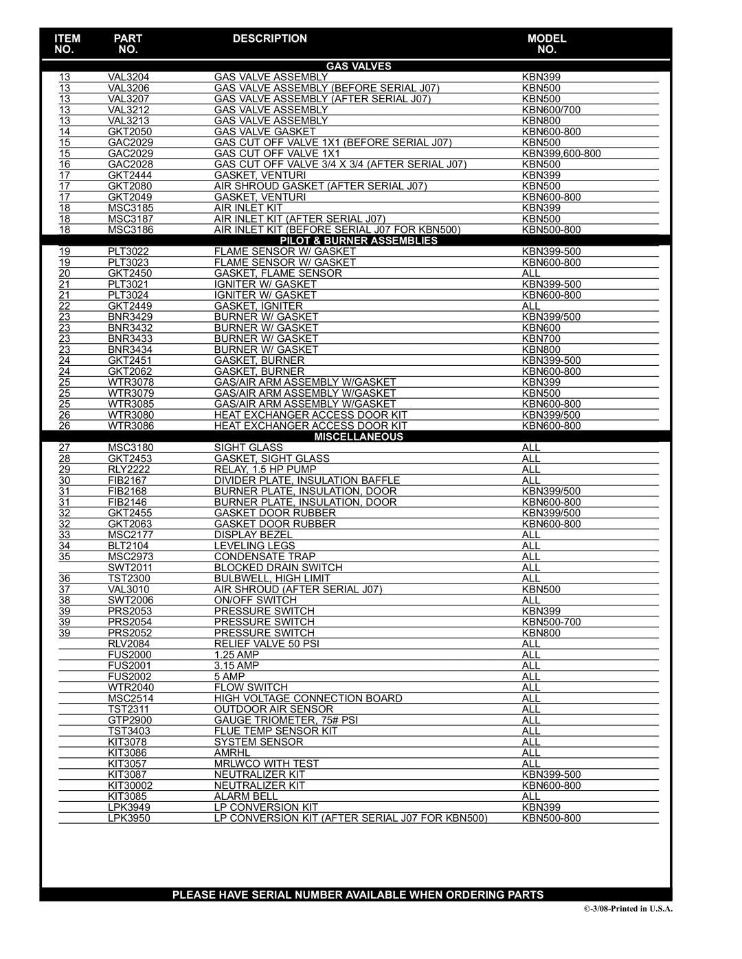 Lochinvar KB 399 thru 800 manual GAS Valves, Pilot & Burner Assemblies, Miscellaneous 