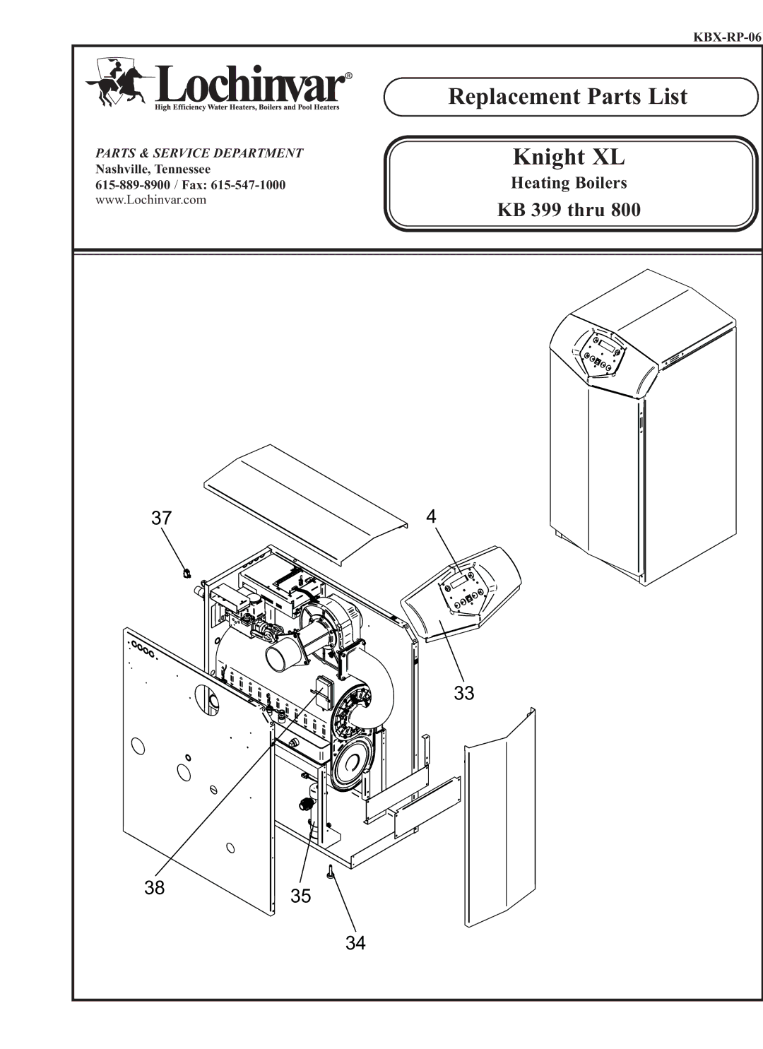 Lochinvar KB 399 manual Replacement Parts List 