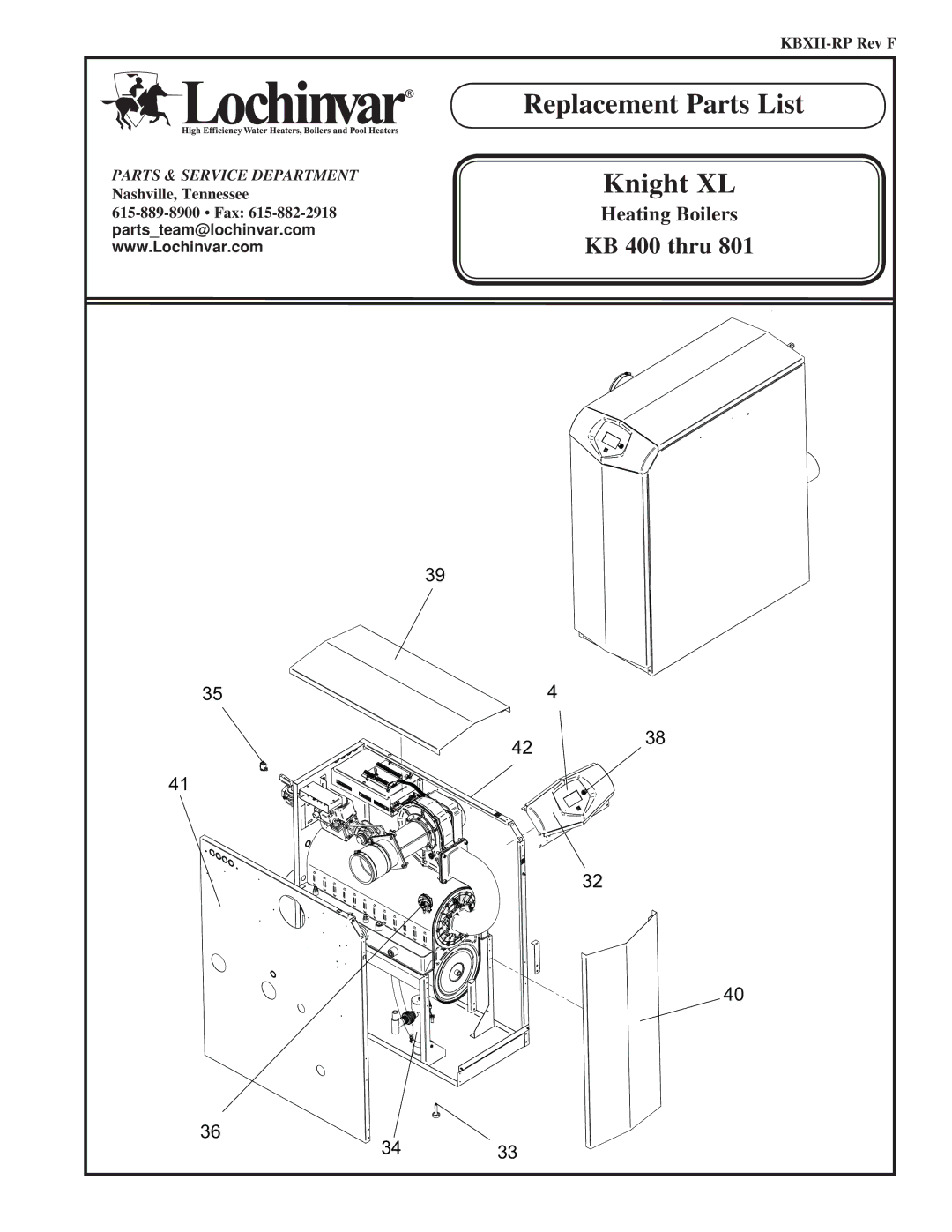 Lochinvar KB 400 thru 801 manual Replacement Parts List 