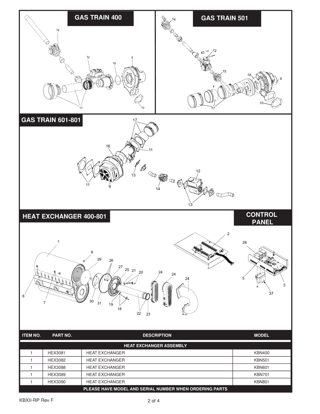 Lochinvar KB 400 thru 801 manual Item no Description Model Heat Exchanger Assembly 