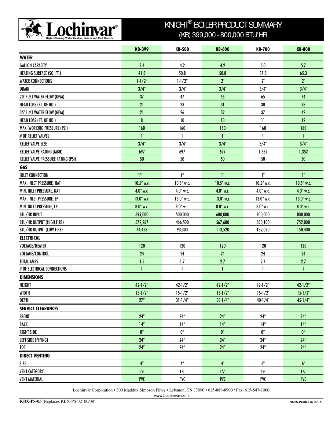 Lochinvar KB-700, KB-600, KB-500, KB-800 dimensions Knight Boiler Product Summary, KB 399,000 800,000 BTU/HR 