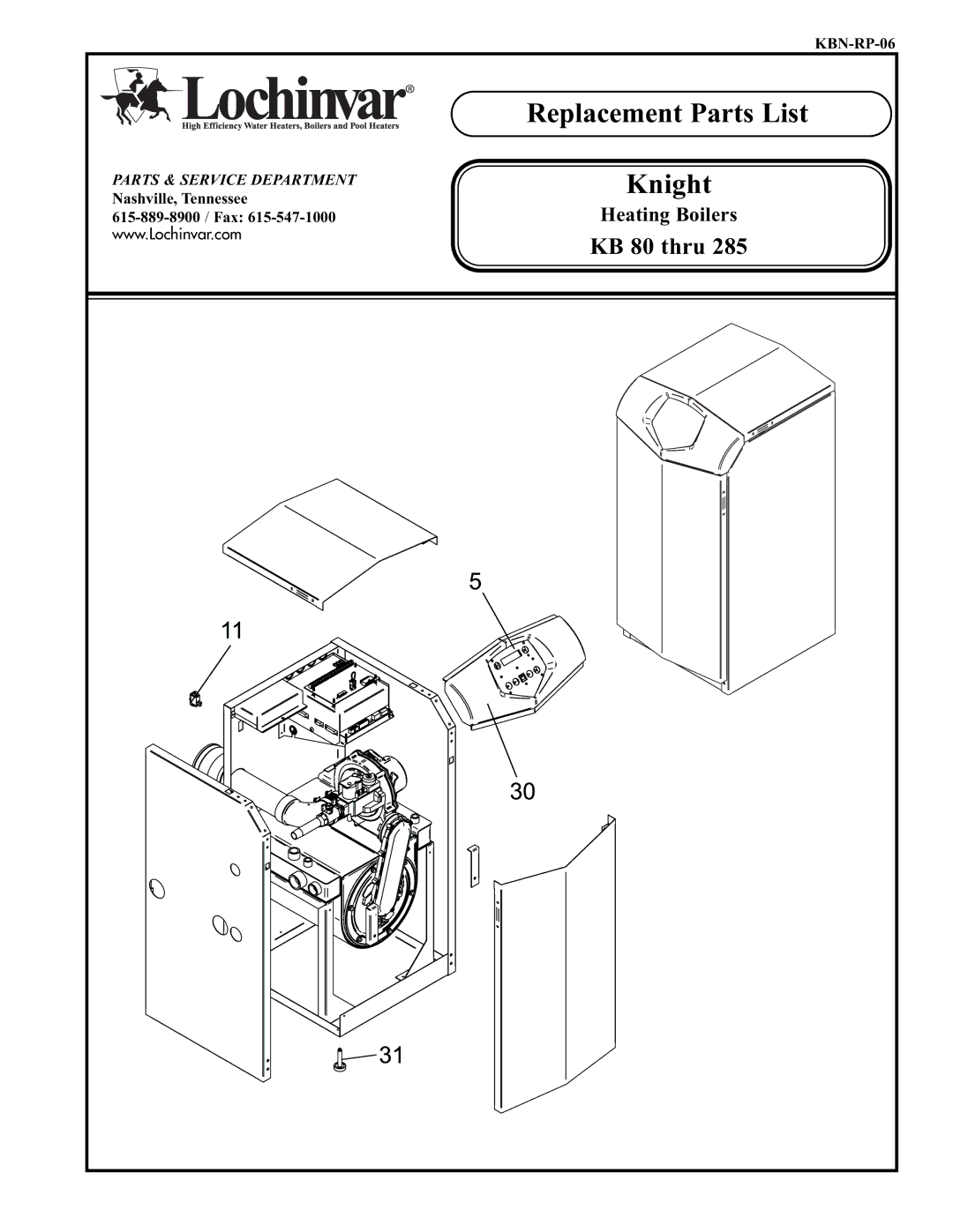 Lochinvar KB 80 thru 285 manual Replacement Parts List Knight 