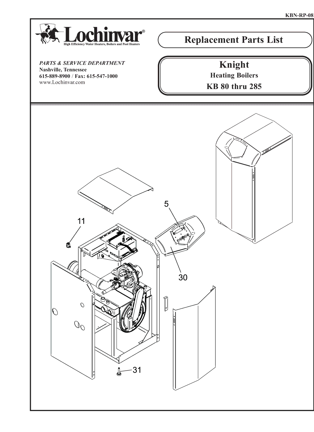 Lochinvar KBN-RP-08 manual Replacement Parts List Knight 