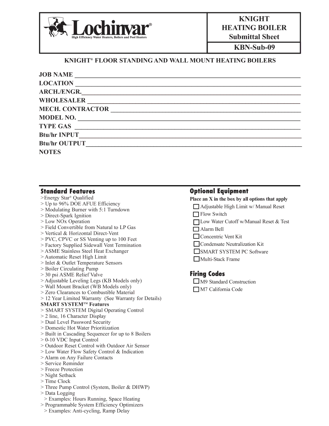 Lochinvar KBN-SUB-09 warranty Standard Features, Optional Equipment, Firing Codes, Smart Systemtm Features 