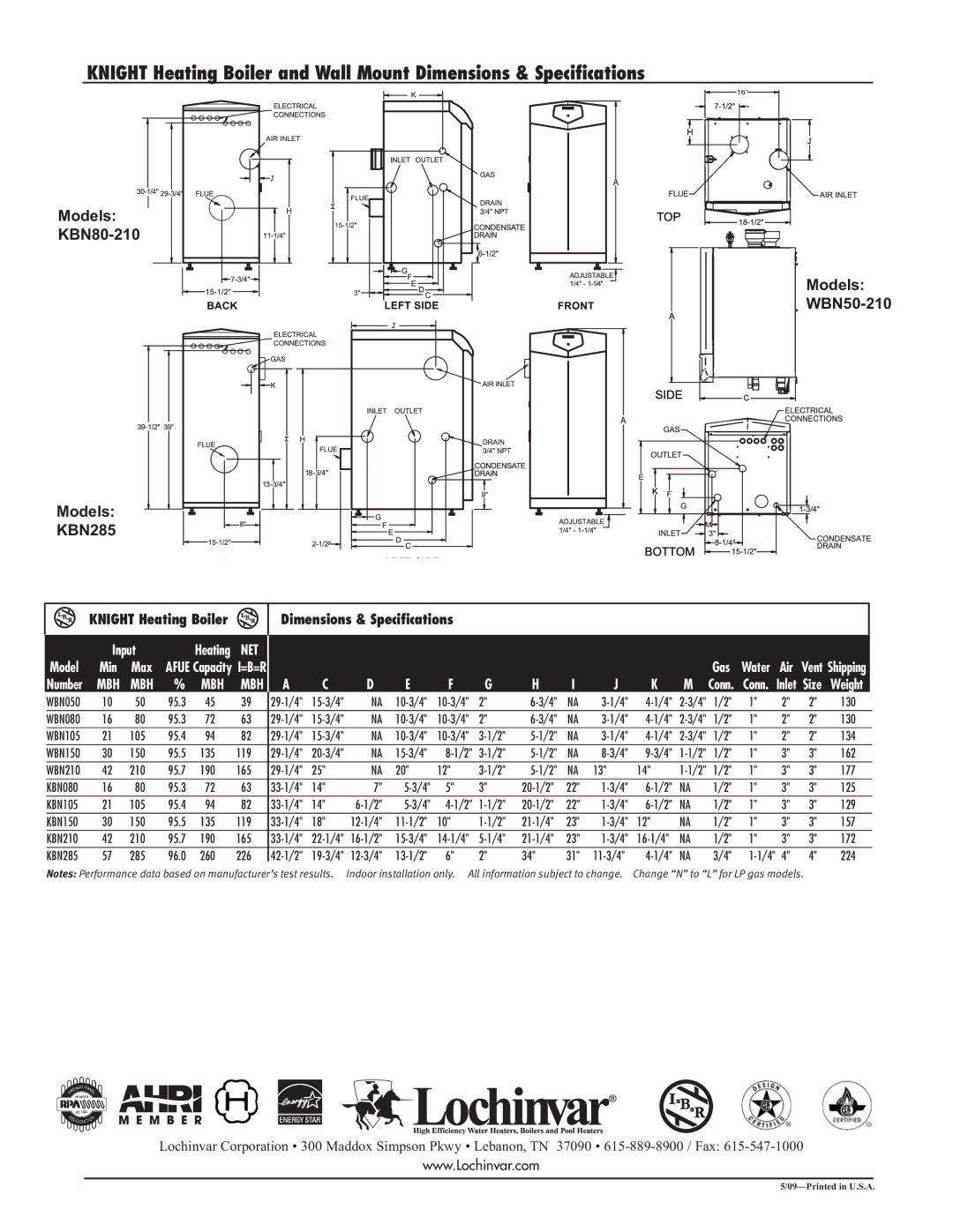 Lochinvar KBN-SUB-09 warranty Models KBN80-210 WBN50-210 KBN285 