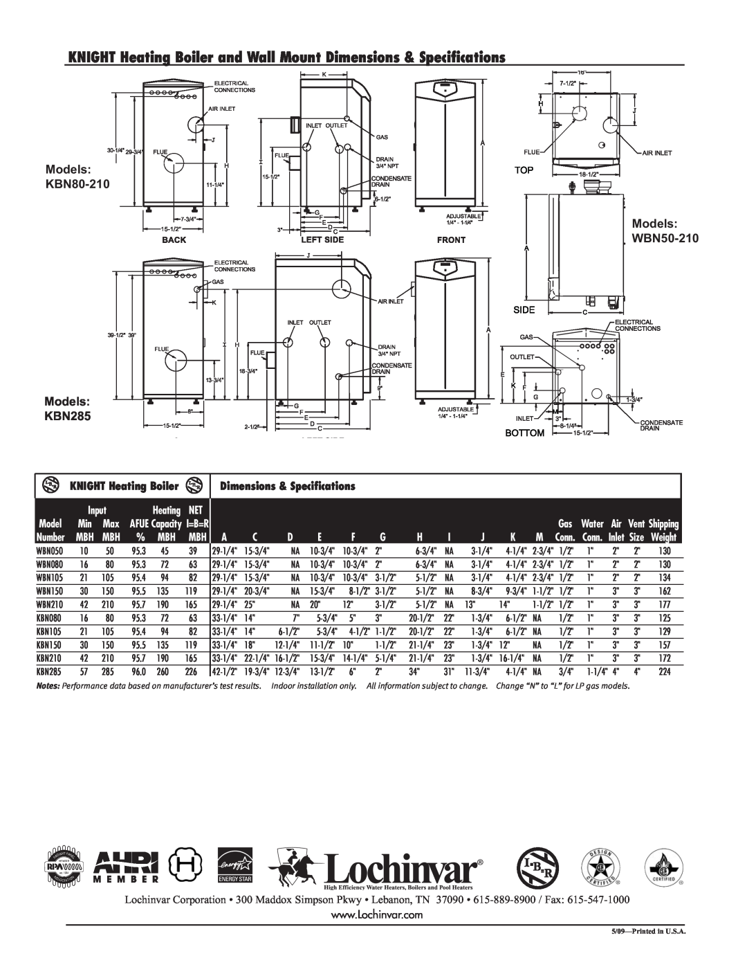 Lochinvar KBN-SUB-09 Models KBN80-210 Models WBN50-210, Models KBN285, KNIGHT Heating Boiler, Dimensions & Specifications 