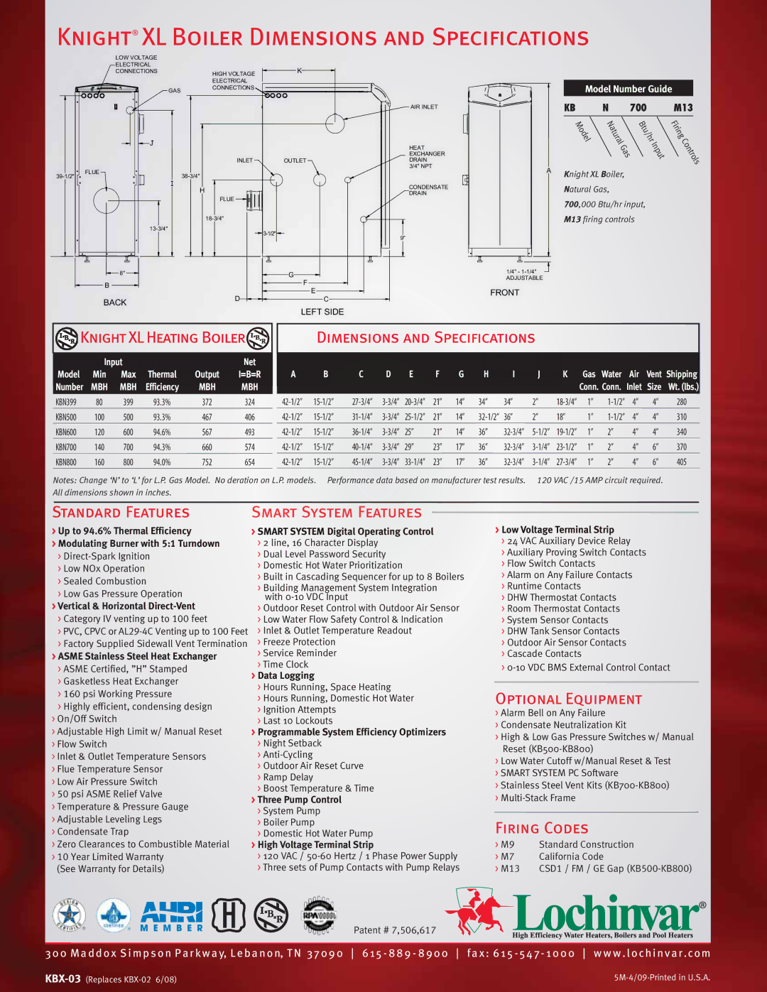 Lochinvar KBN500, KBN399, KBN700, KBN800, KBN600 manual Knight XL Boiler Dimensions and Specifications, Back 