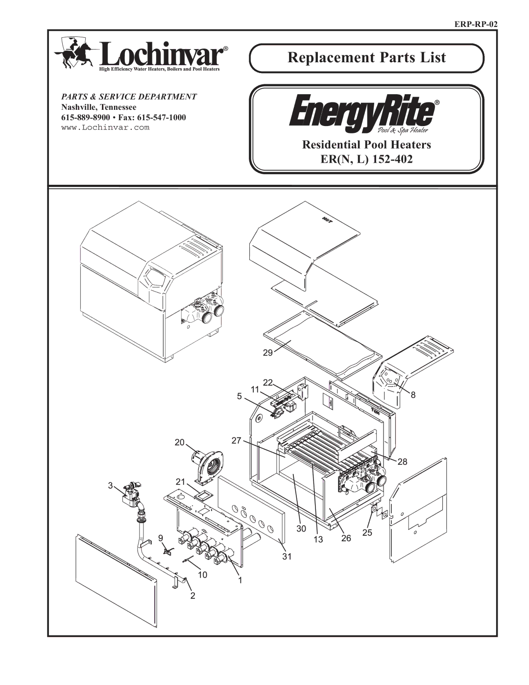 Lochinvar ER(N, L) 152-402 manual Replacement Parts List 