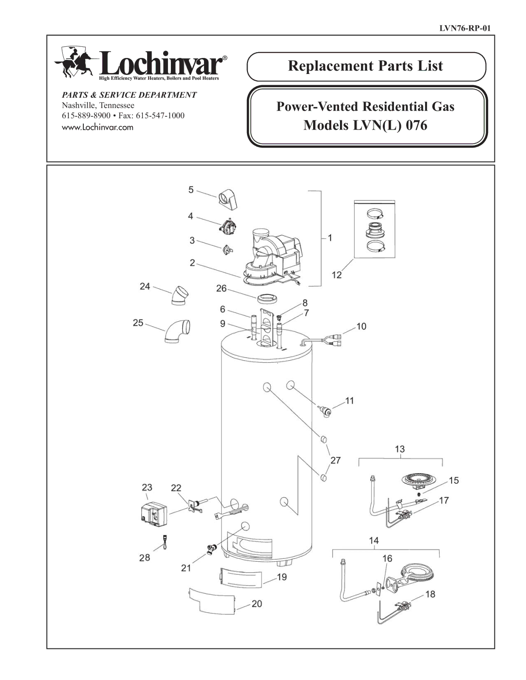 Lochinvar L) 076, LV(N manual Replacement Parts List, Models Lvnl 