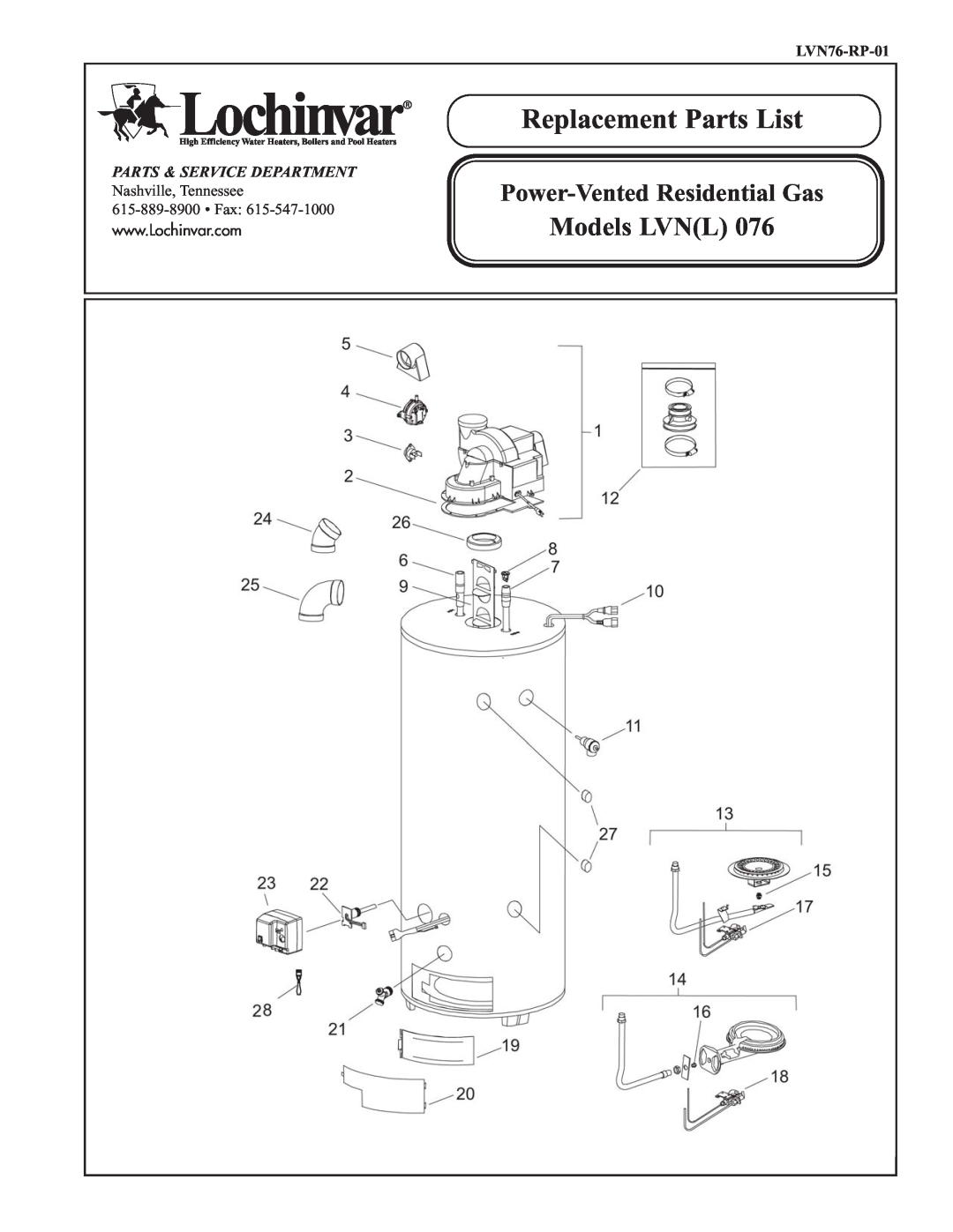Lochinvar L) 076, LV(N manual Replacement Parts List, Models LVNL, Power-VentedResidential Gas, LVN76-RP-01 