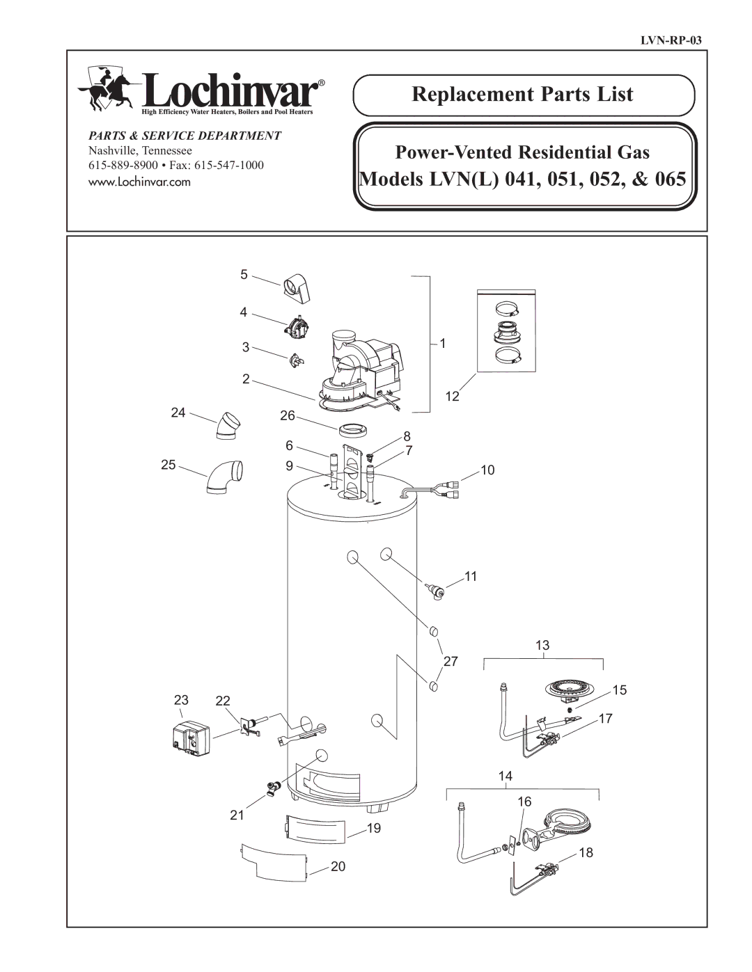 Lochinvar LVN(L) 065, LVN(L) 051, LVN(L) 041, LVN(L) 052 manual Replacement Parts List, Models Lvnl 041, 051, 052 