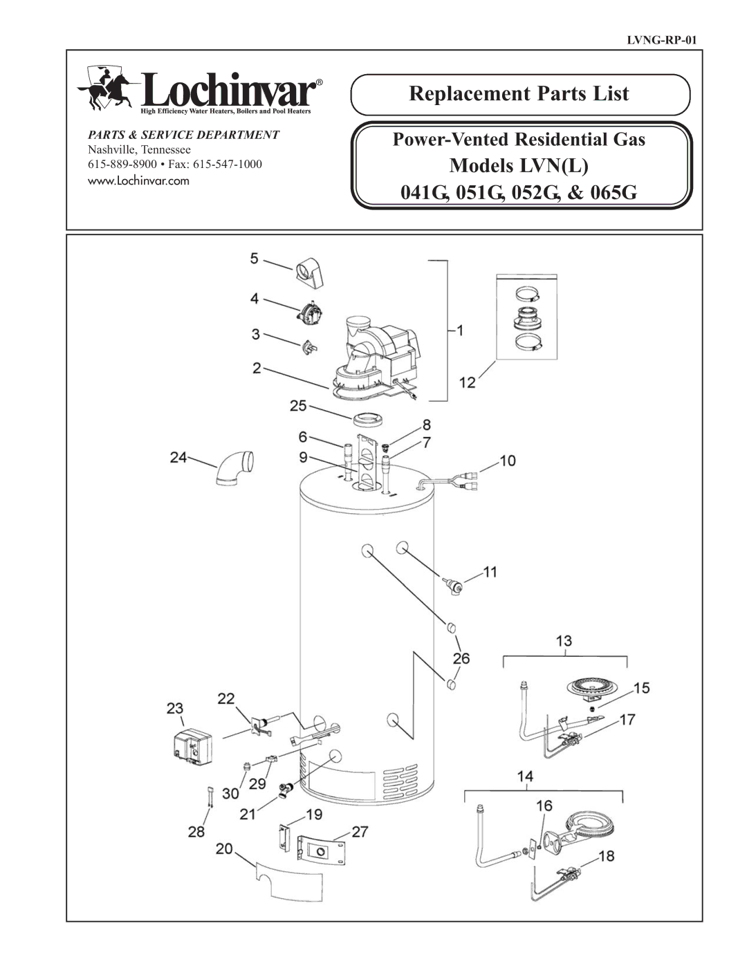 Lochinvar LVN(L) 051G, LVN(L) 065G, LVN(L) 041G manual Replacement Parts List, Models Lvnl 041G, 051G, 052G, & 065G 