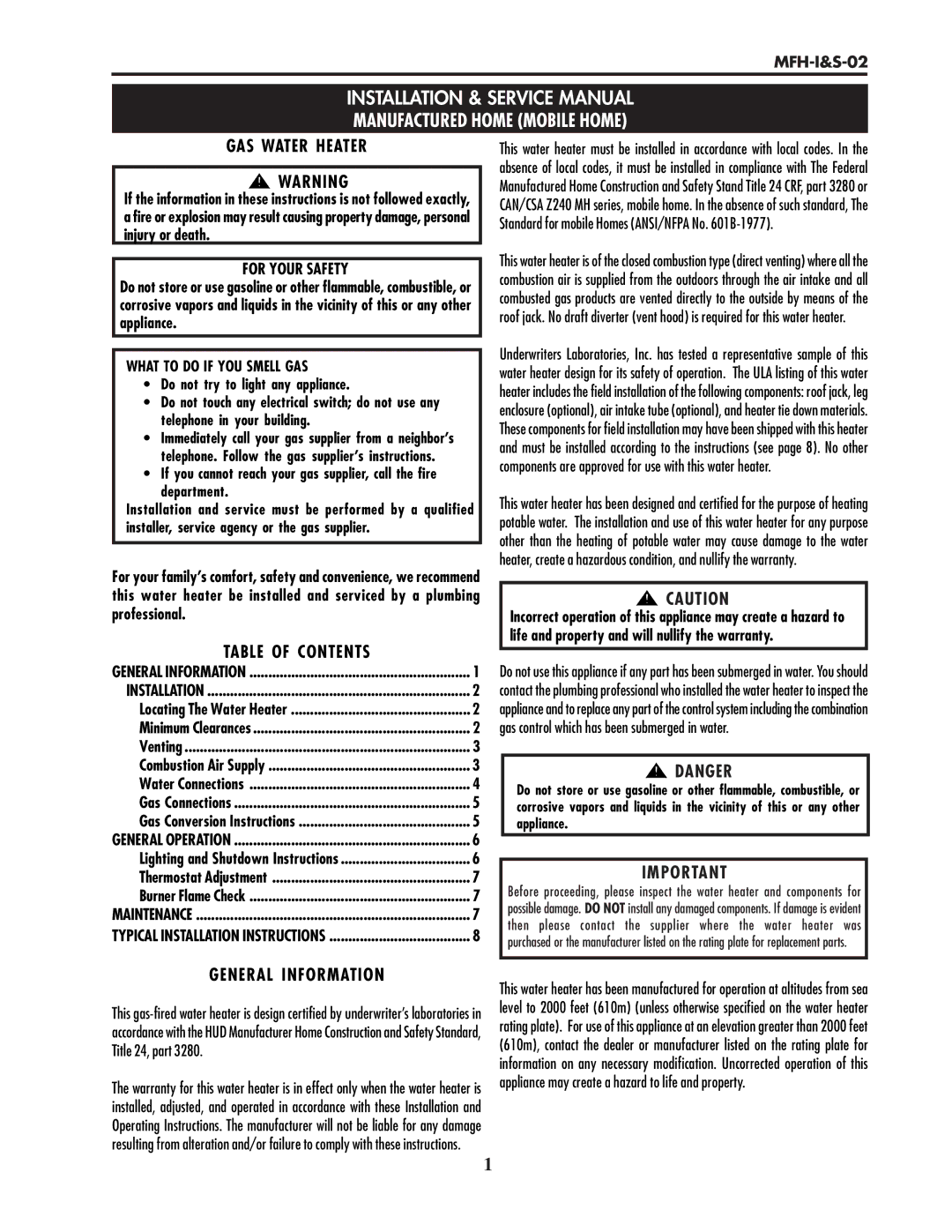 Lochinvar MFH-I&S-02 service manual GAS Water Heater, Table of Contents, General Information 