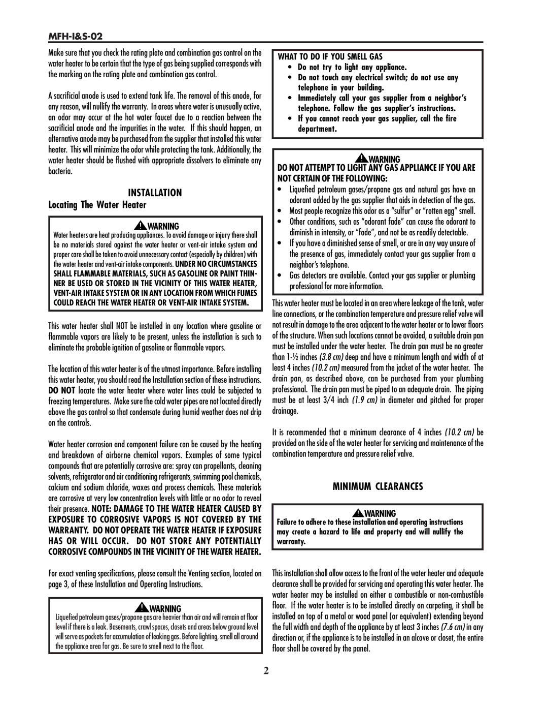 Lochinvar MFH-I&S-02 service manual Locating The Water Heater, Minimum Clearances, Telephone in your building 