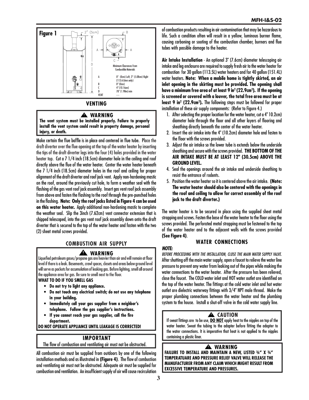 Lochinvar MFH-I&S-02 service manual Venting, Combustion AIR Supply, Water Connections, Sheet metal screws provided 