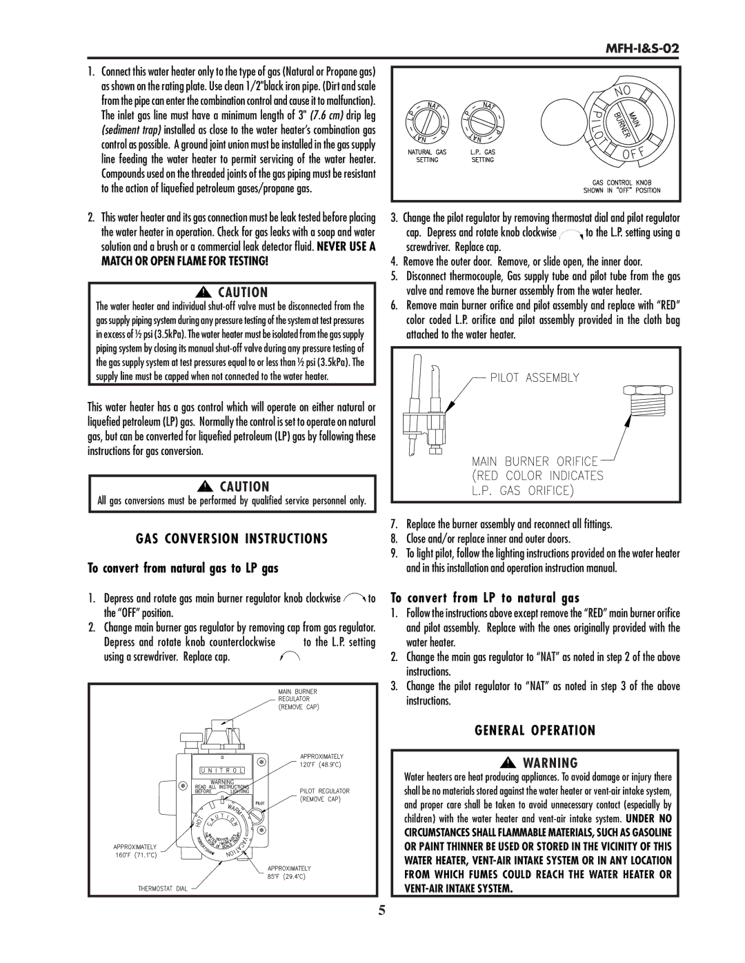 Lochinvar MFH-I&S-02 GAS Conversion Instructions, To convert from natural gas to LP gas, To convert from LP to natural gas 