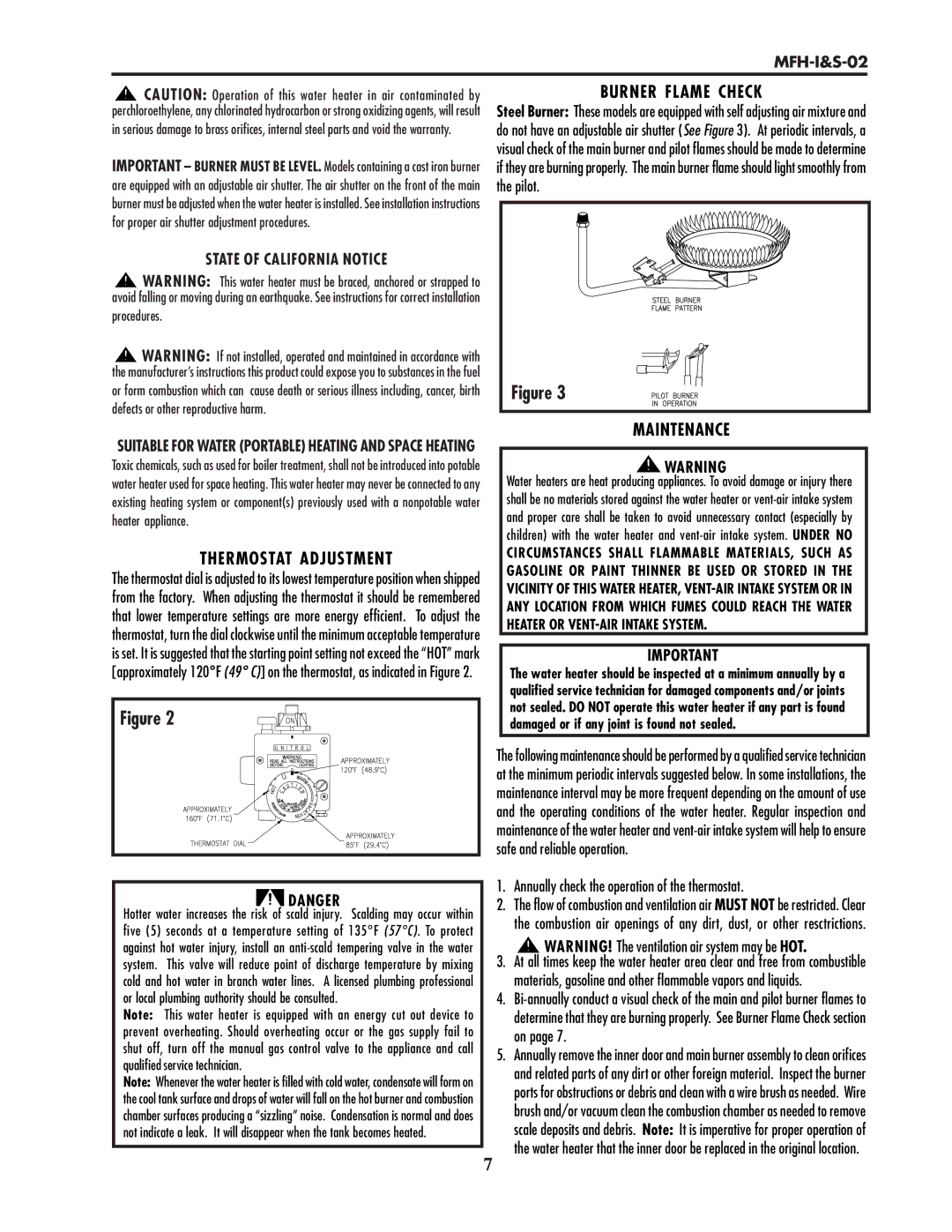 Lochinvar MFH-I&S-02 service manual Thermostat Adjustment, Burner Flame Check, Maintenance, State of California Notice 