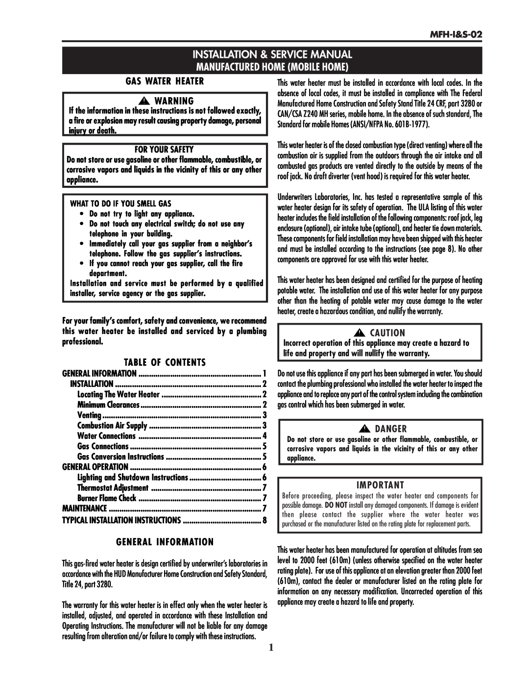 Lochinvar MFH-I&S-02 service manual Gas Water Heater, Table Of Contents, Danger, General Information 