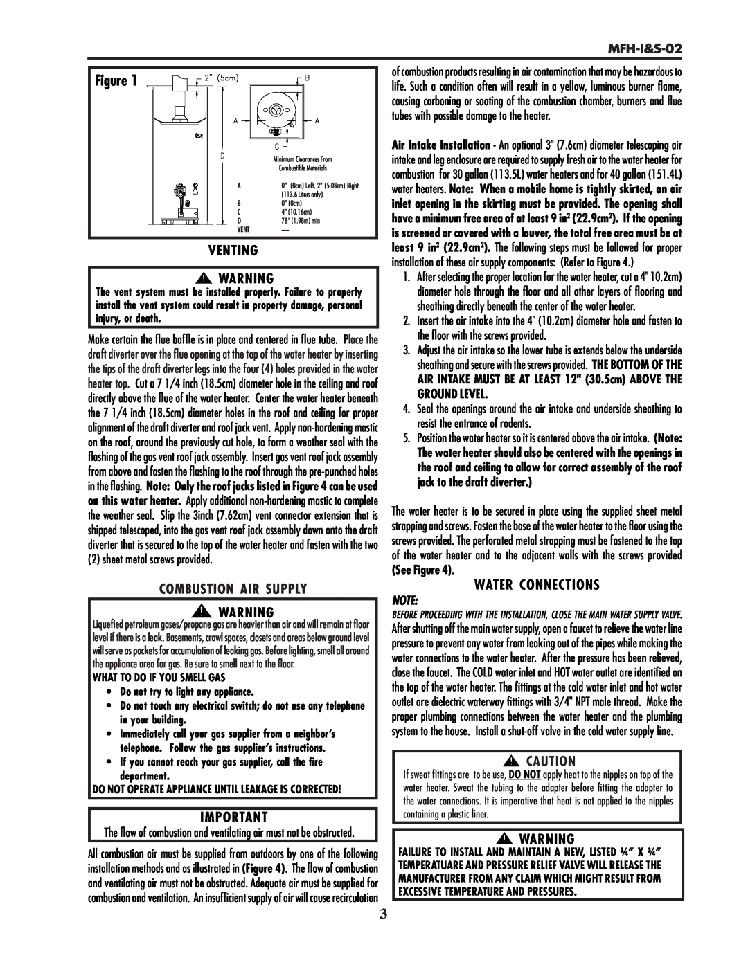 Lochinvar MFH-I&S-02 service manual Venting, Combustion Air Supply, Water Connections 