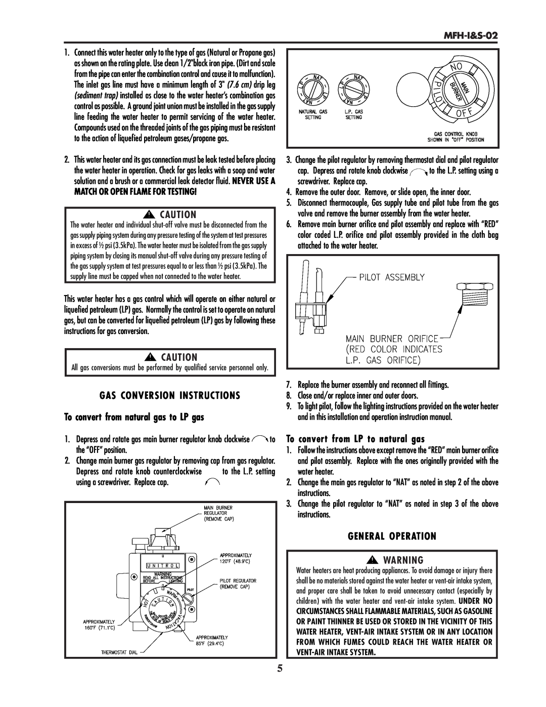 Lochinvar MFH-I&S-02 Gas Conversion Instructions, To convert from natural gas to LP gas, To convert from LP to natural gas 