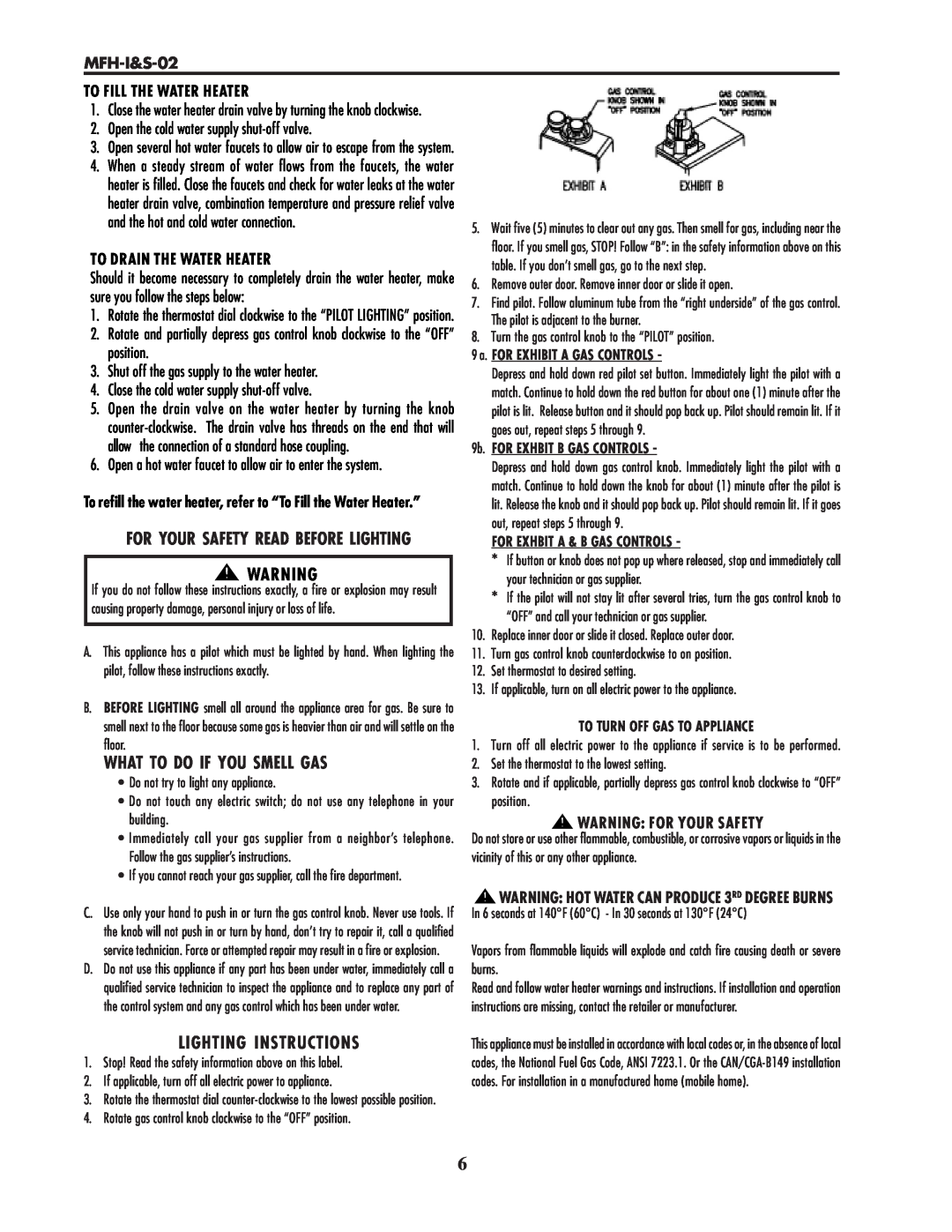 Lochinvar MFH-I&S-02 service manual What To Do If You Smell Gas, Lighting Instructions, To Drain The Water Heater 