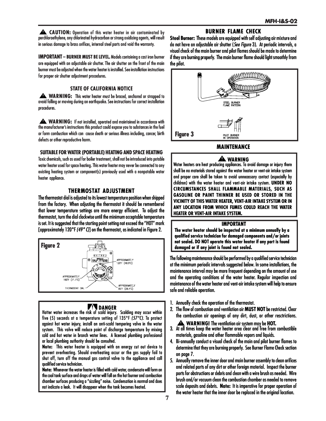 Lochinvar MFH-I&S-02 service manual Thermostat Adjustment, Burner Flame Check, Maintenance, State Of California Notice 