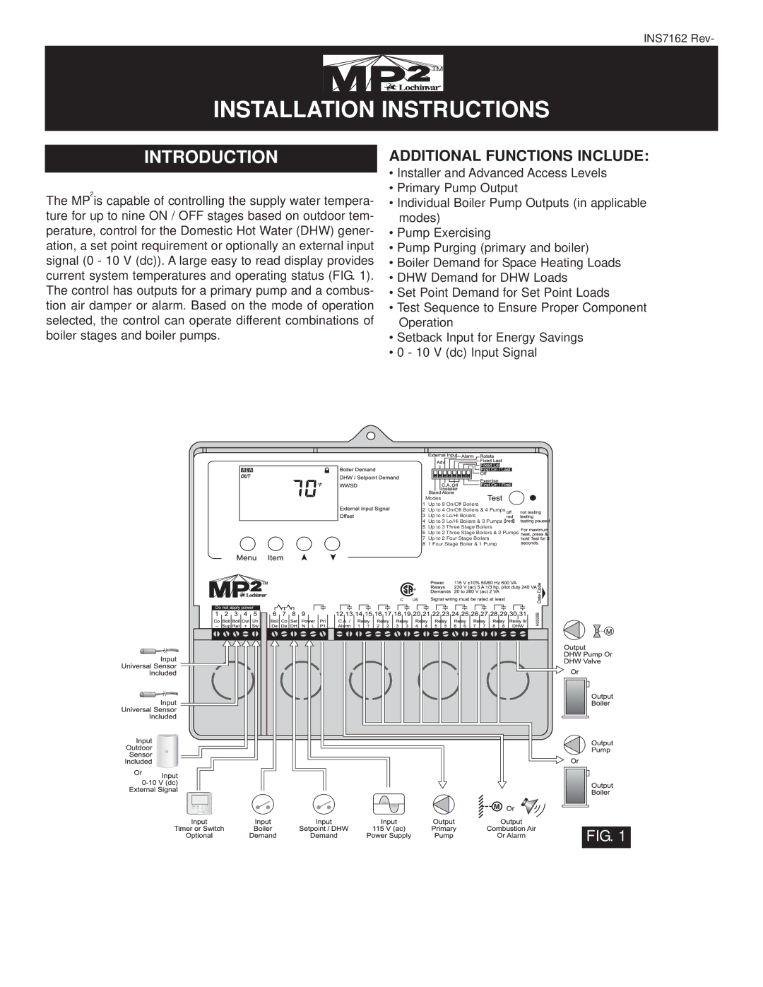 Lochinvar INS7141, MP2, INS7162, TST2313 installation instructions Installation Instructions, Additional Functions Include 