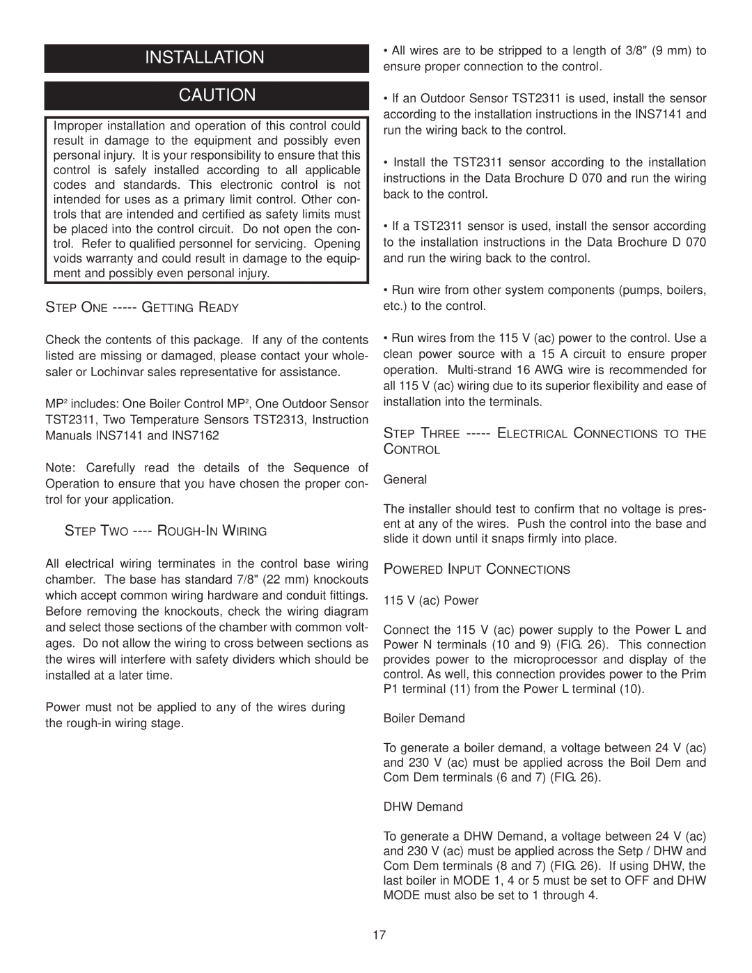 Lochinvar INS7141, MP2, INS7162, TST2313 installation instructions General, Ac Power, Boiler Demand, DHW Demand 