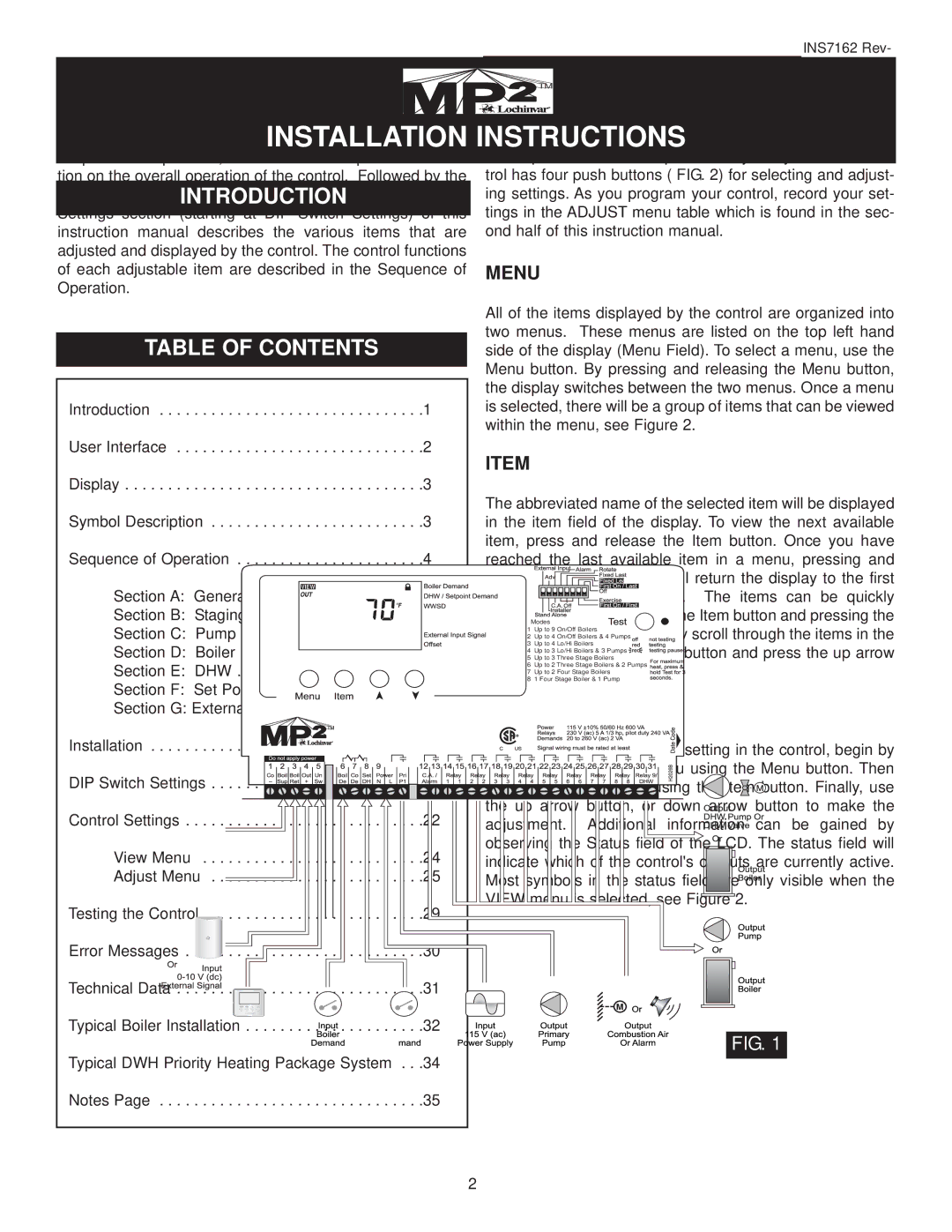 Lochinvar INS7162, MP2, INS7141, TST2313 installation instructions Table of Contents 