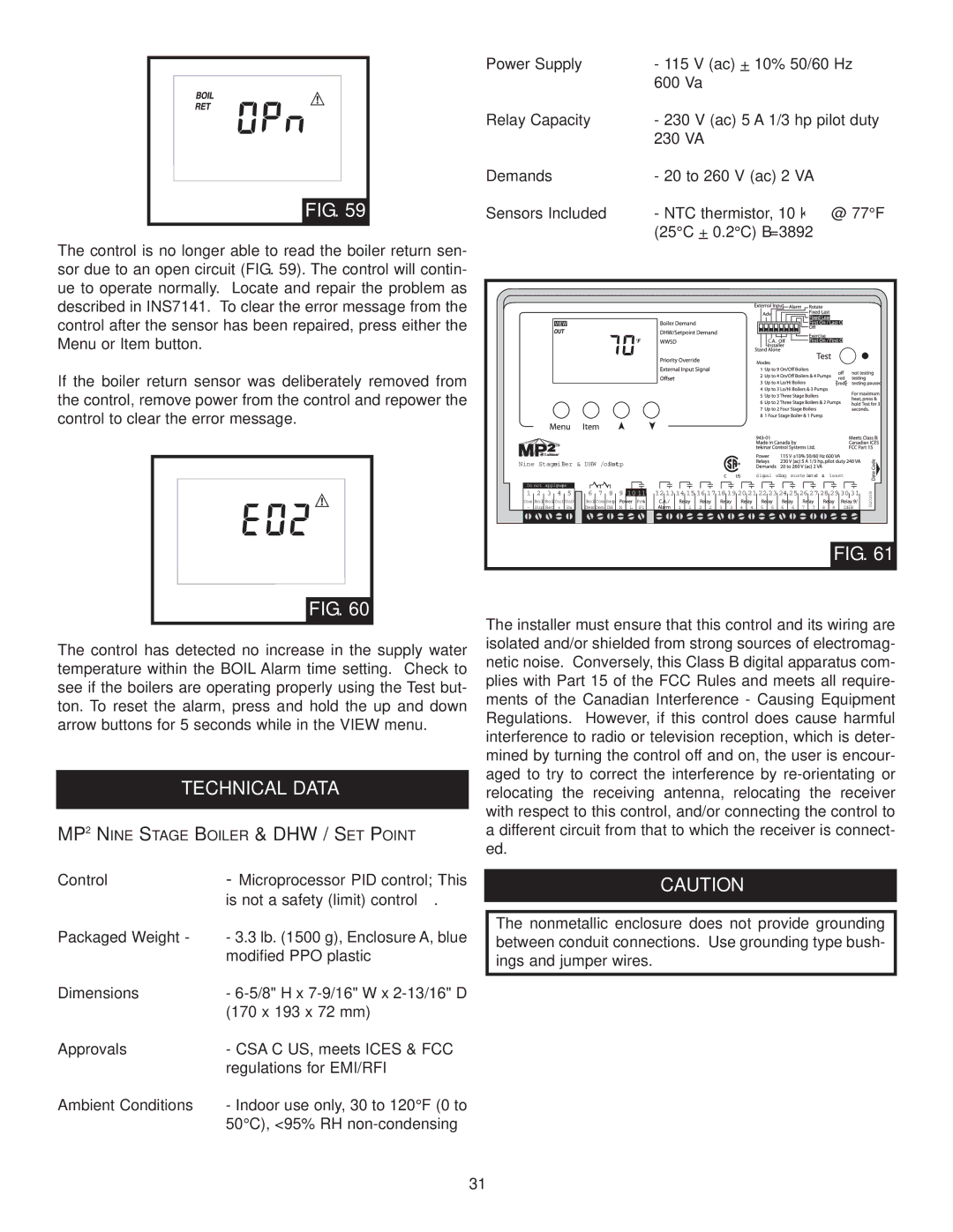 Lochinvar TST2313, MP2, INS7141, INS7162 installation instructions Technical Data, Is not a safety limit control 