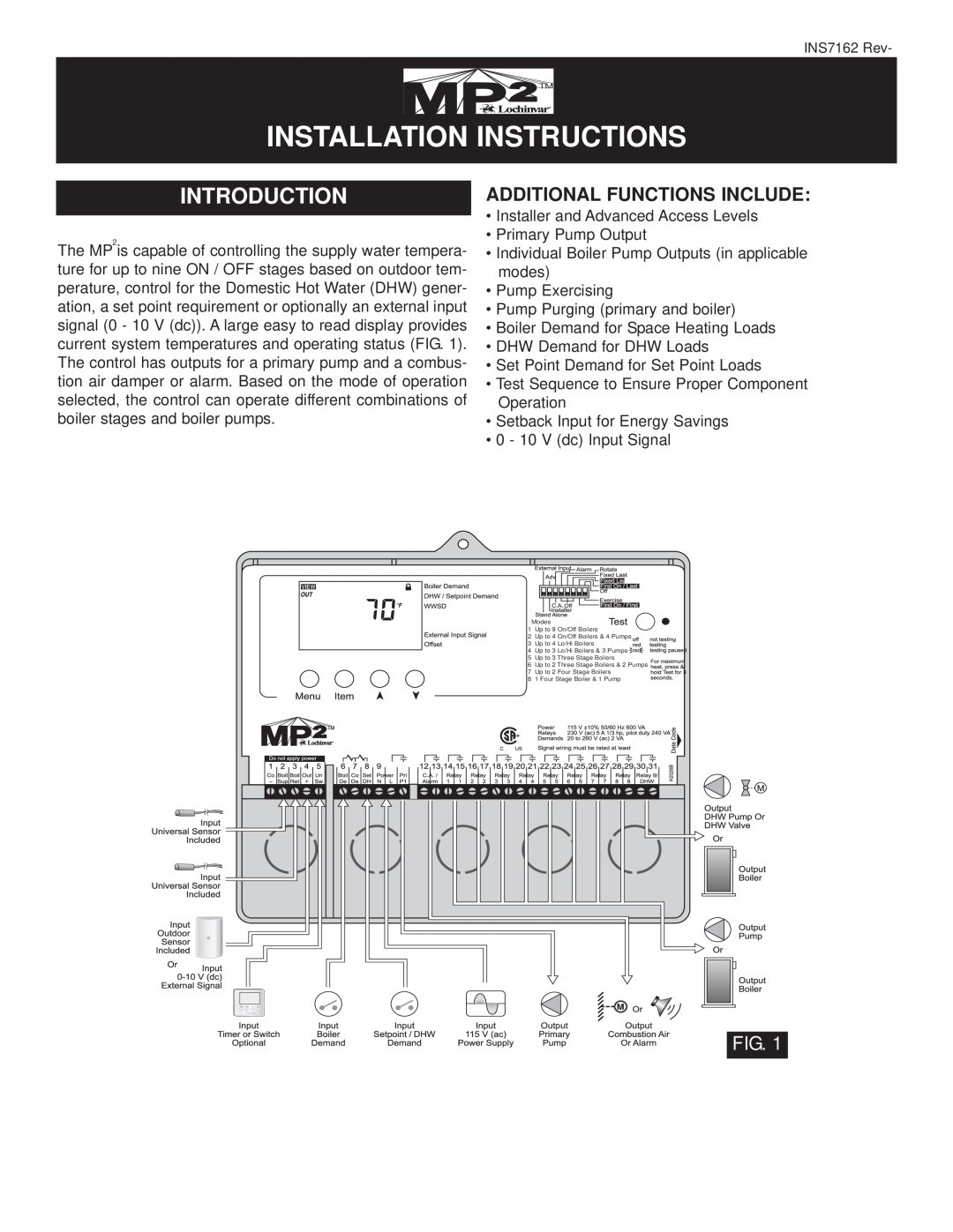 Lochinvar INS7141, MP2 installation instructions Introduction, Additional Functions Include, Installation Instructions 