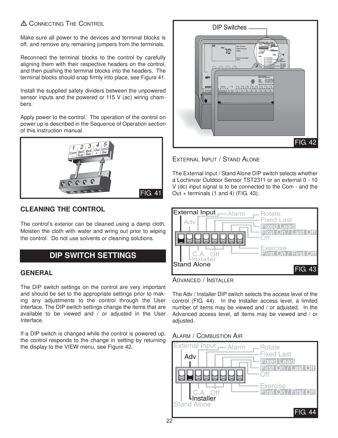 Lochinvar INS7162, MP2, INS7141, TST2313 installation instructions Dip Switch Settings, Cleaning The Control, General 