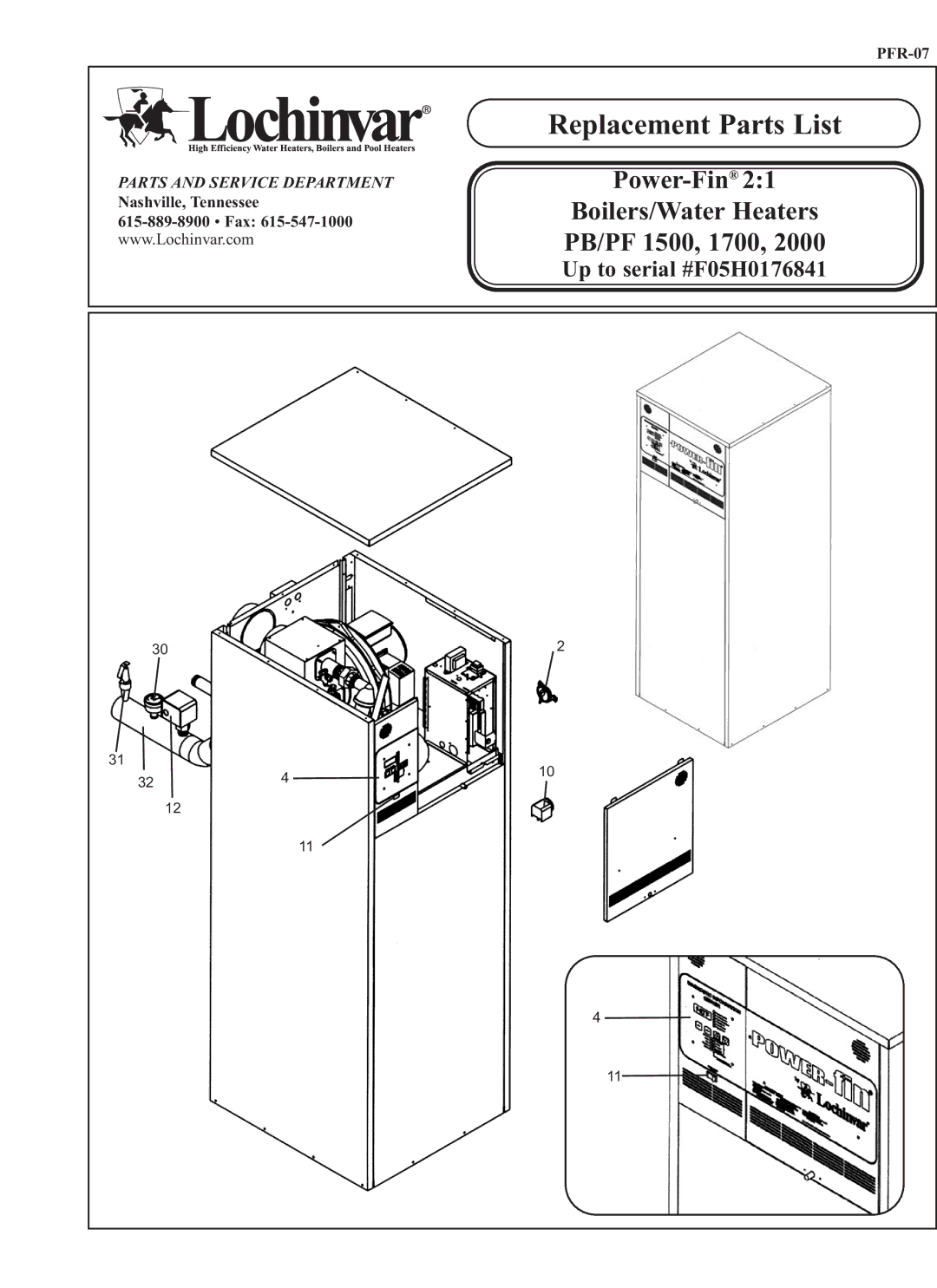 Lochinvar PB/PF 1500 manual Replacement Parts List 