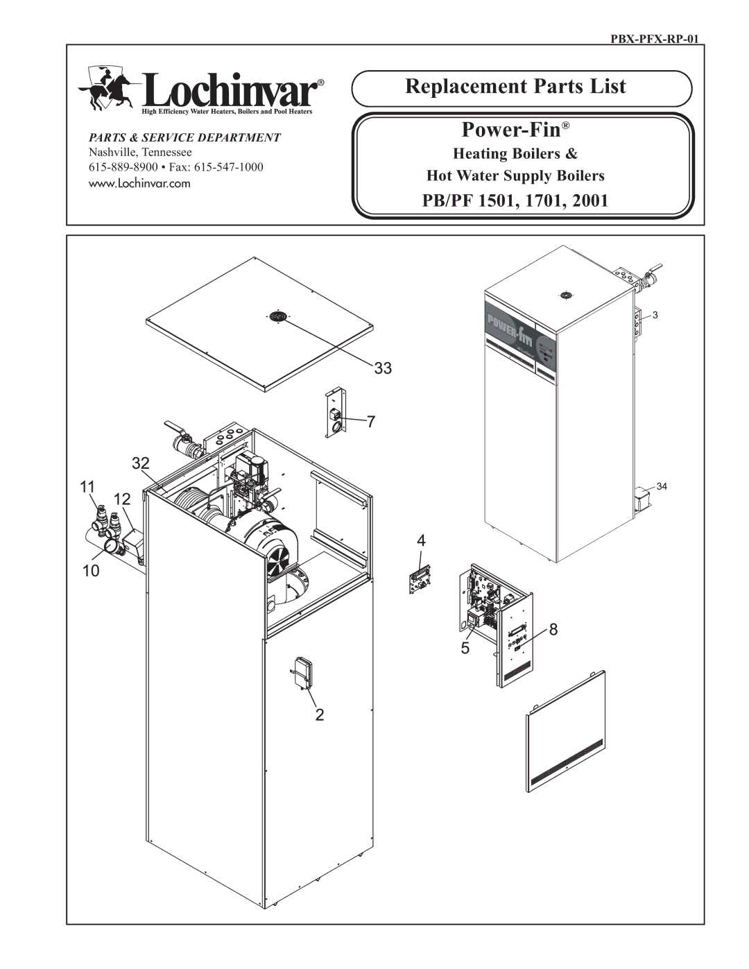 Lochinvar PB/PF 1701, PB/PF 2001, PB/PF 1501 manual Replacement Parts List 