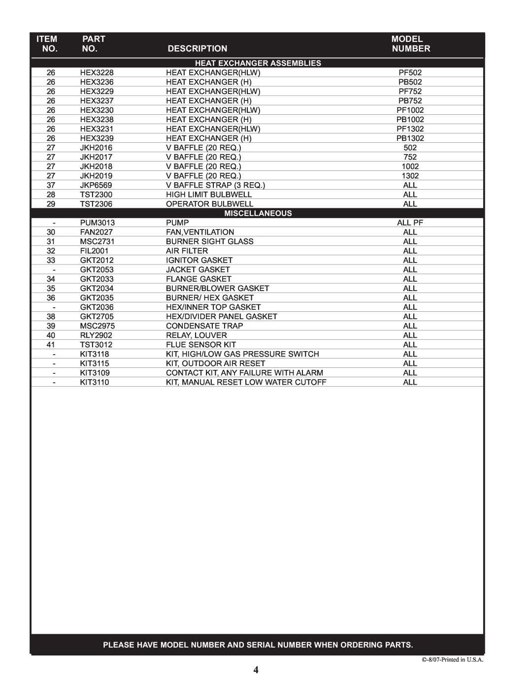 Lochinvar PB/PF 502 THRU 1302 manual Heat Exchanger Assemblies, Miscellaneous, Part, Model, Description, Number 