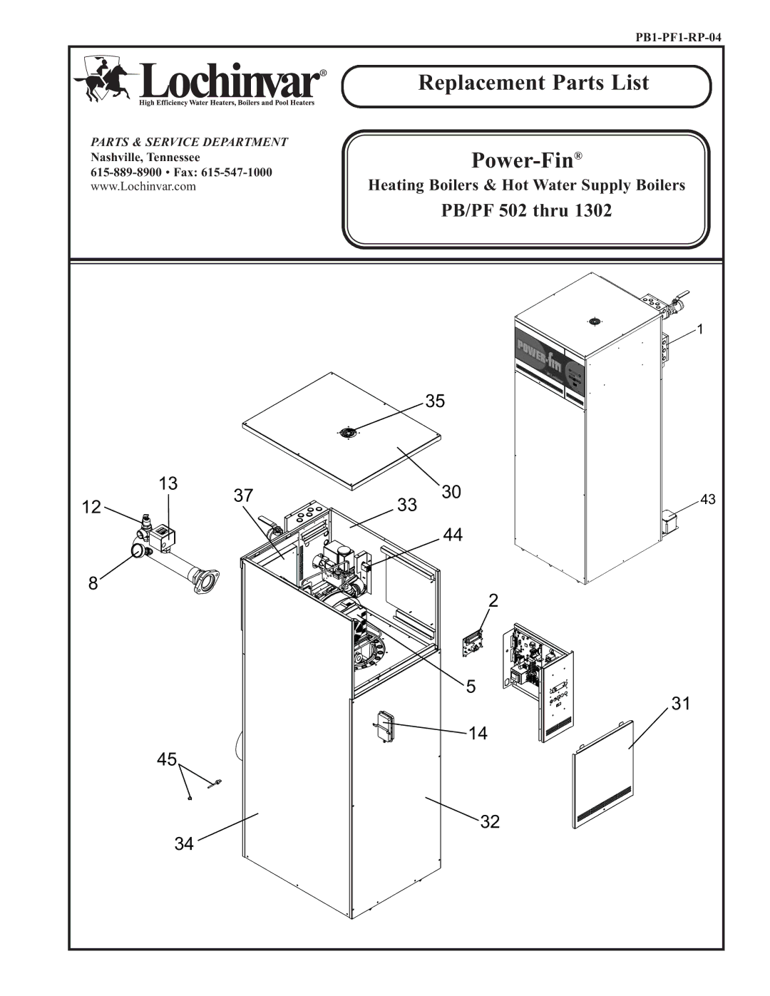 Lochinvar PB/PF 502 manual Replacement Parts List 