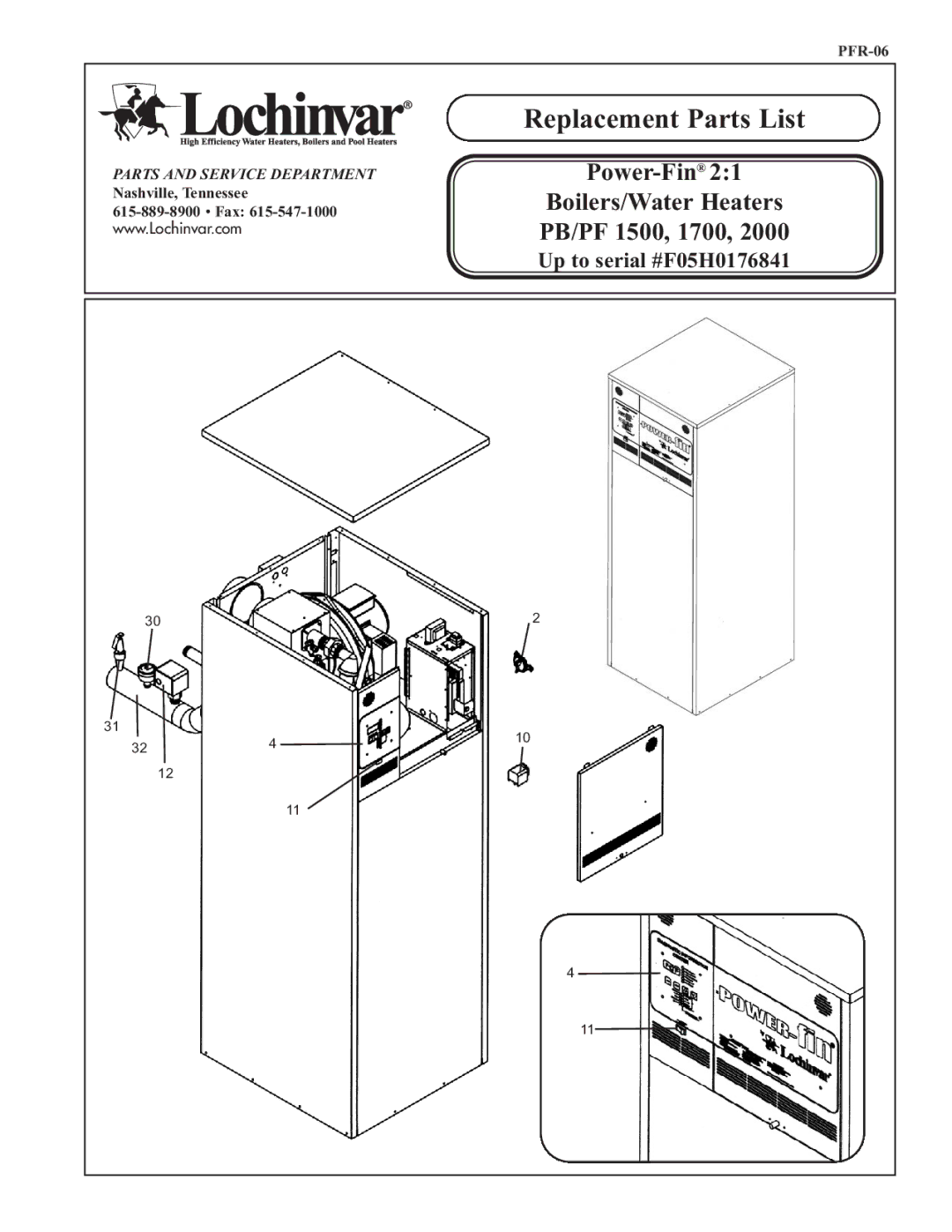 Lochinvar PFR-06 manual Replacement Parts List 