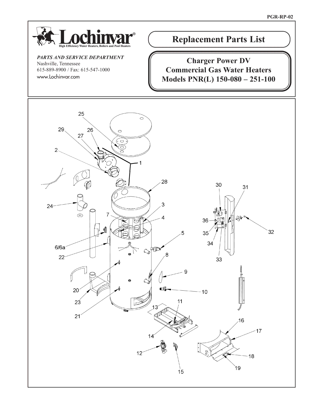 Lochinvar PNR(L) 251-100, PNR(L) 150-080 manual Replacement Parts List 