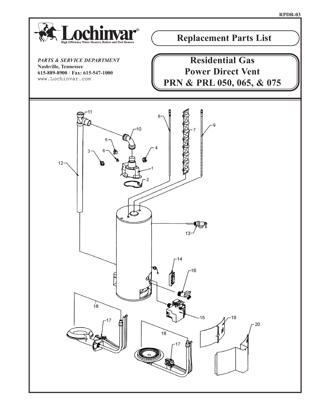 Lochinvar PRL 075, PRN, PRL 050, PRL 065 manual Parts & Service Department 