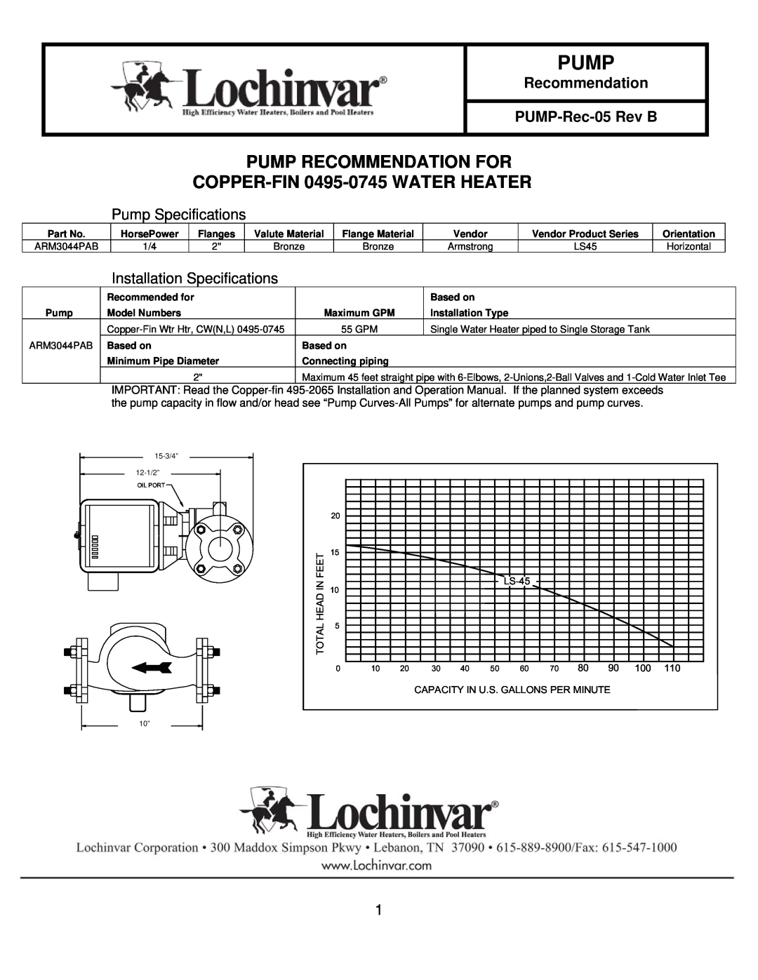 Lochinvar PUMP-REC-05 REV B specifications Recommendation PUMP-Rec-05Rev B, Pump Specifications, Feet, LS-45, Head 