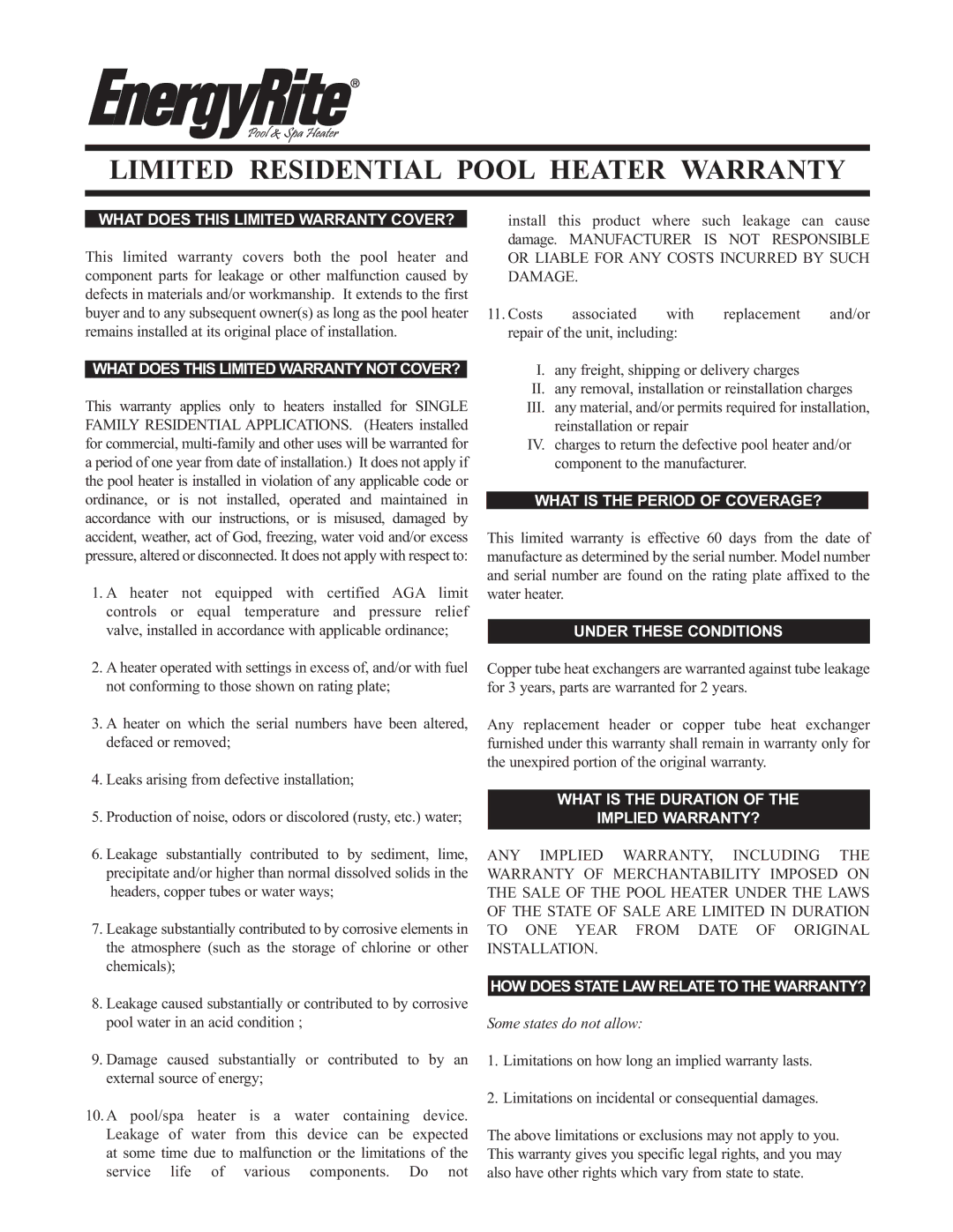 Lochinvar Residential Pool Heater warranty What does this Limited Warranty COVER?, What is the Period of COVERAGE? 