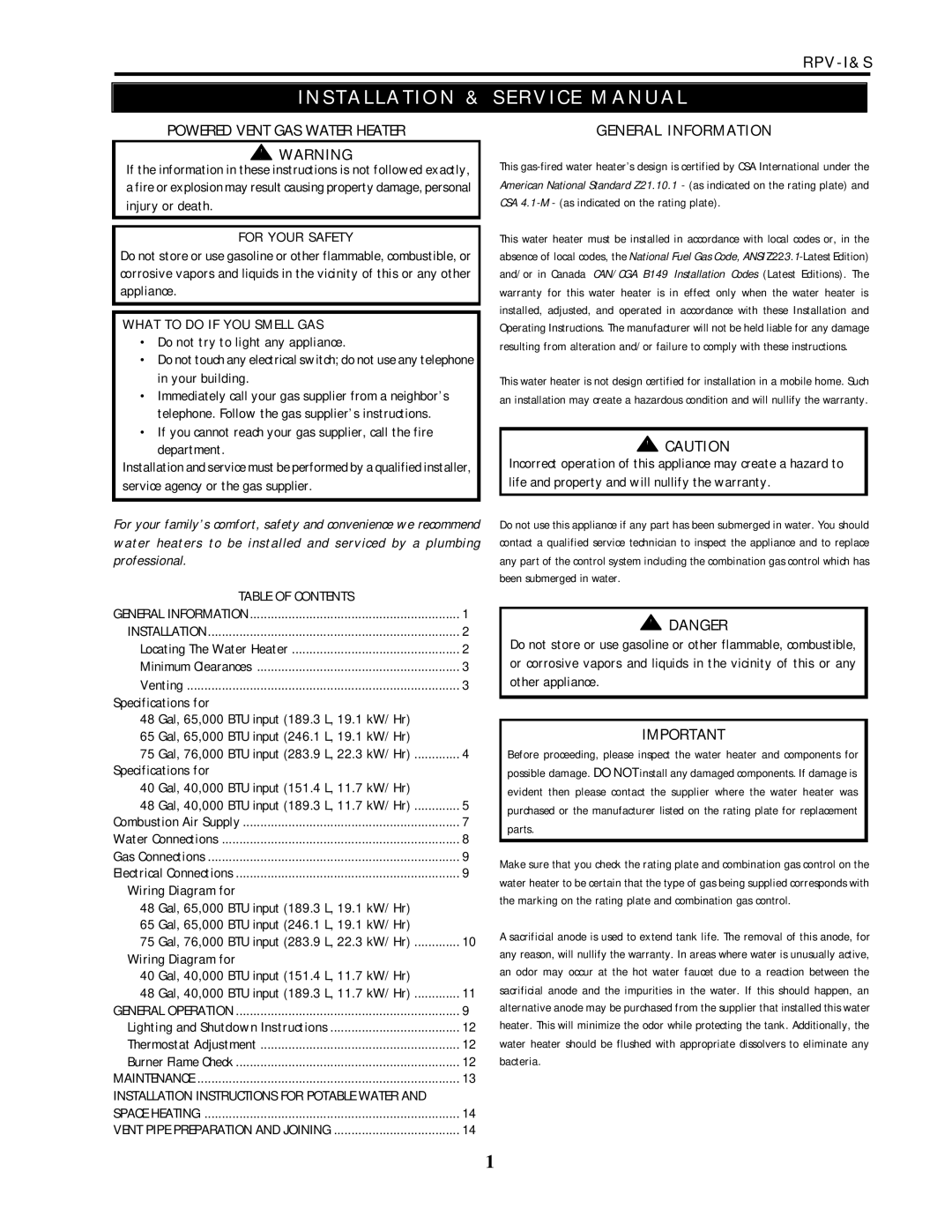 Lochinvar RPV-I&S service manual Powered Vent GAS Water Heater, General Information 