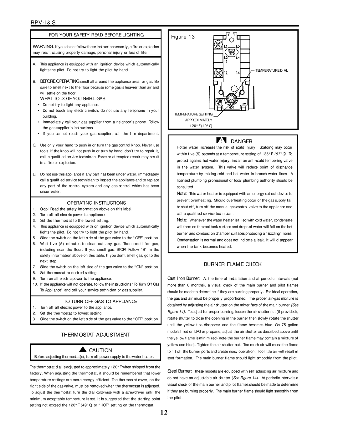 Lochinvar service manual Thermostat Adjustment, Burner Flame Check, RPV-I&S For Your Safety Read Before Lighting 