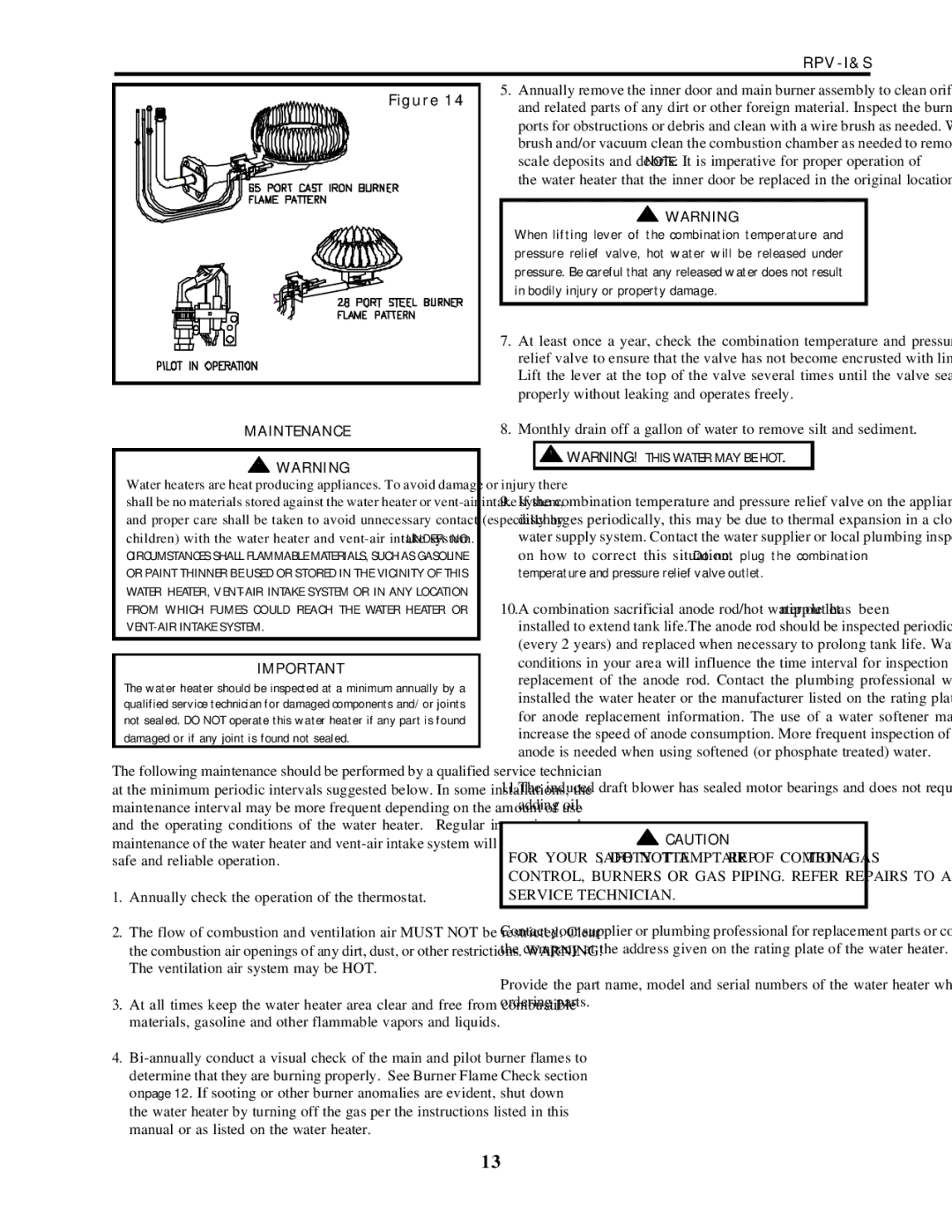 Lochinvar RPV-I&S service manual Maintenance, Annually check the operation of the thermostat 