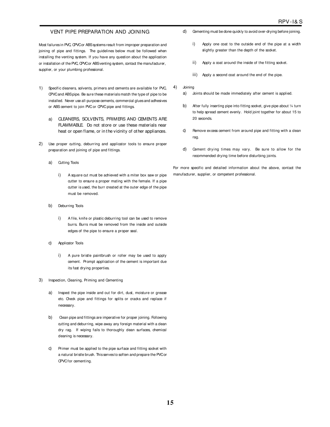 Lochinvar RPV-I&S service manual Vent Pipe Preparation and Joining, Cutting Tools, Deburring Tools, Applicator Tools 