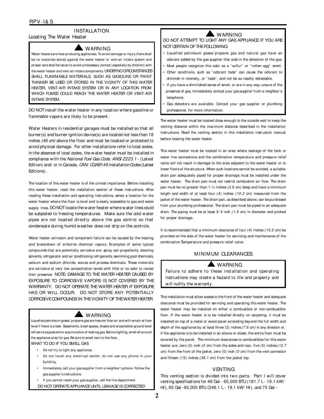 Lochinvar RPV-I&S service manual Installation, Minimum Clearances, Venting, What to do if YOU Smell GAS 