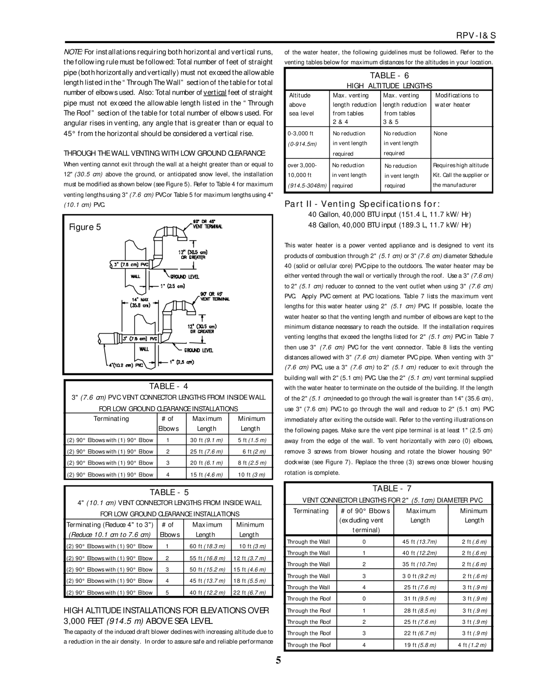 Lochinvar RPV-I&S service manual High Altitude Lengths, Minimum, For LOW Ground Clearance Installations 