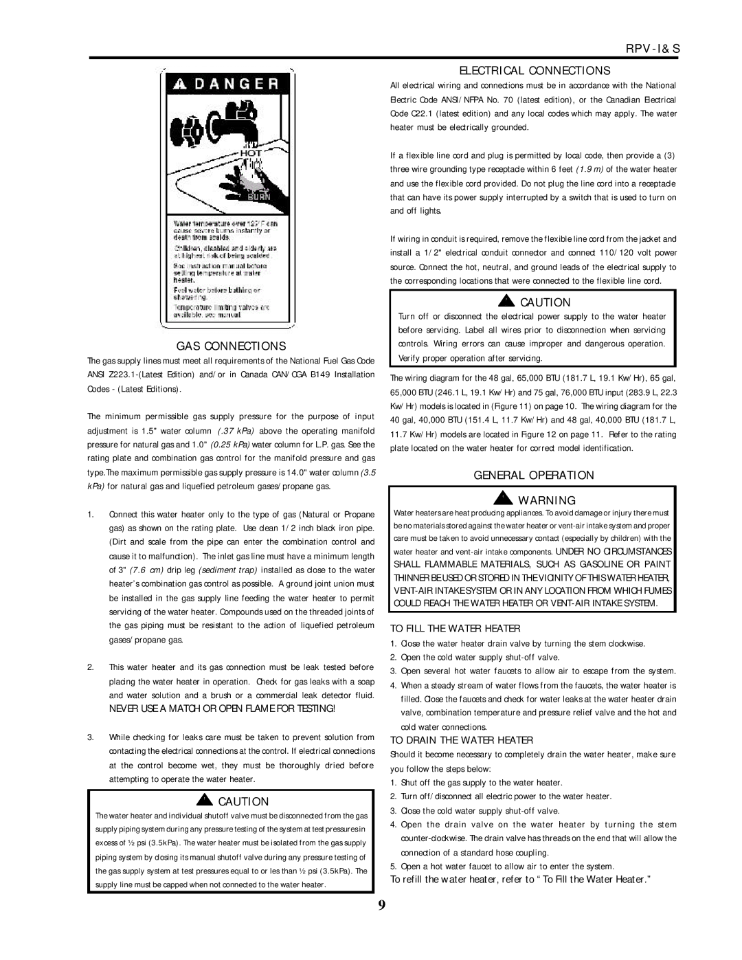 Lochinvar RPV-I&S service manual GAS Connections, Electrical Connections, General Operation, To Fill the Water Heater 